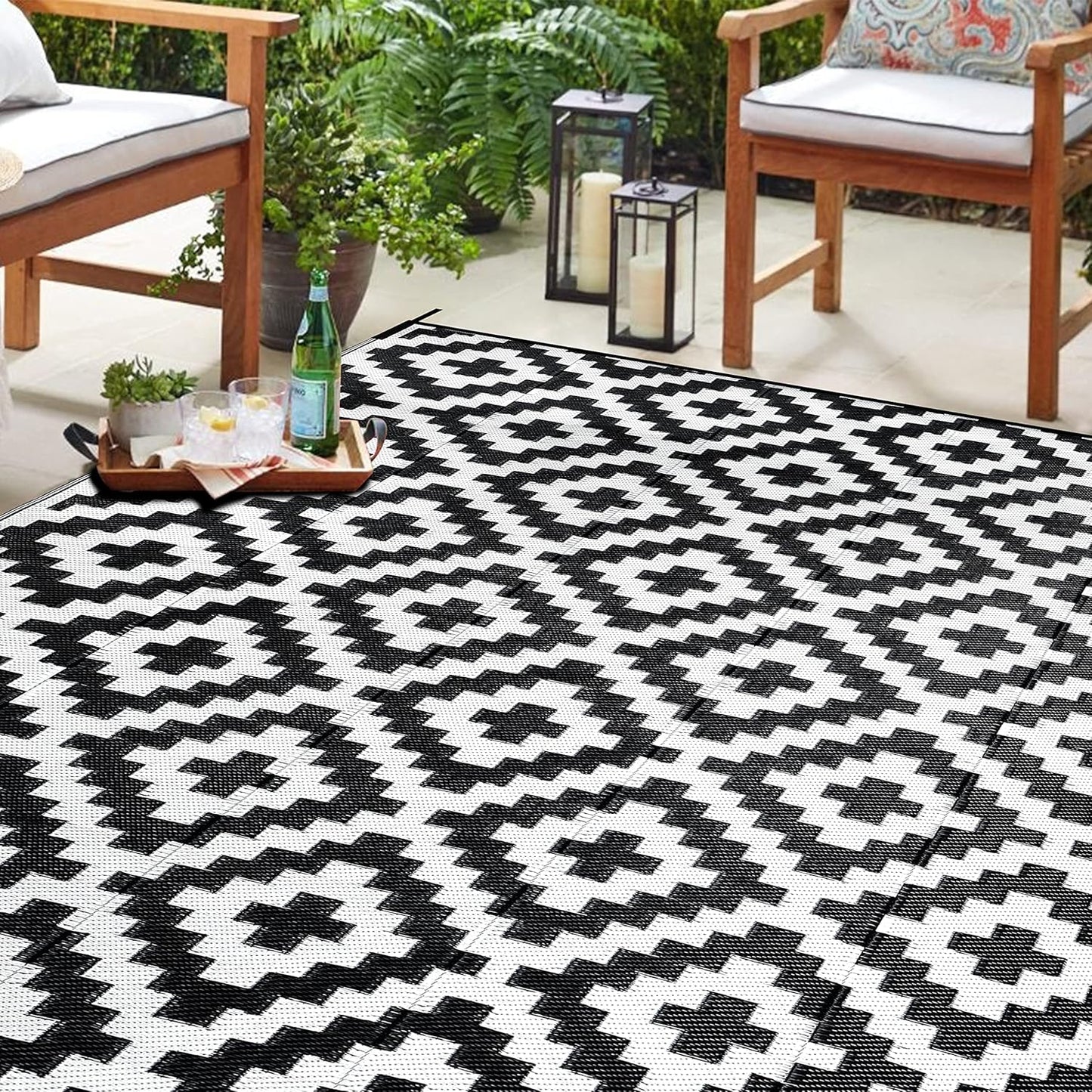 SAND MINE Waterproof Outdoor Rug 10x20 ft, Plastic Reversible Rug, Modern Area Rug, Large Floor Mat for Outdoors, RV, Patio, Backyard, Deck, Picnic, Beach, Camping, Black & Beige