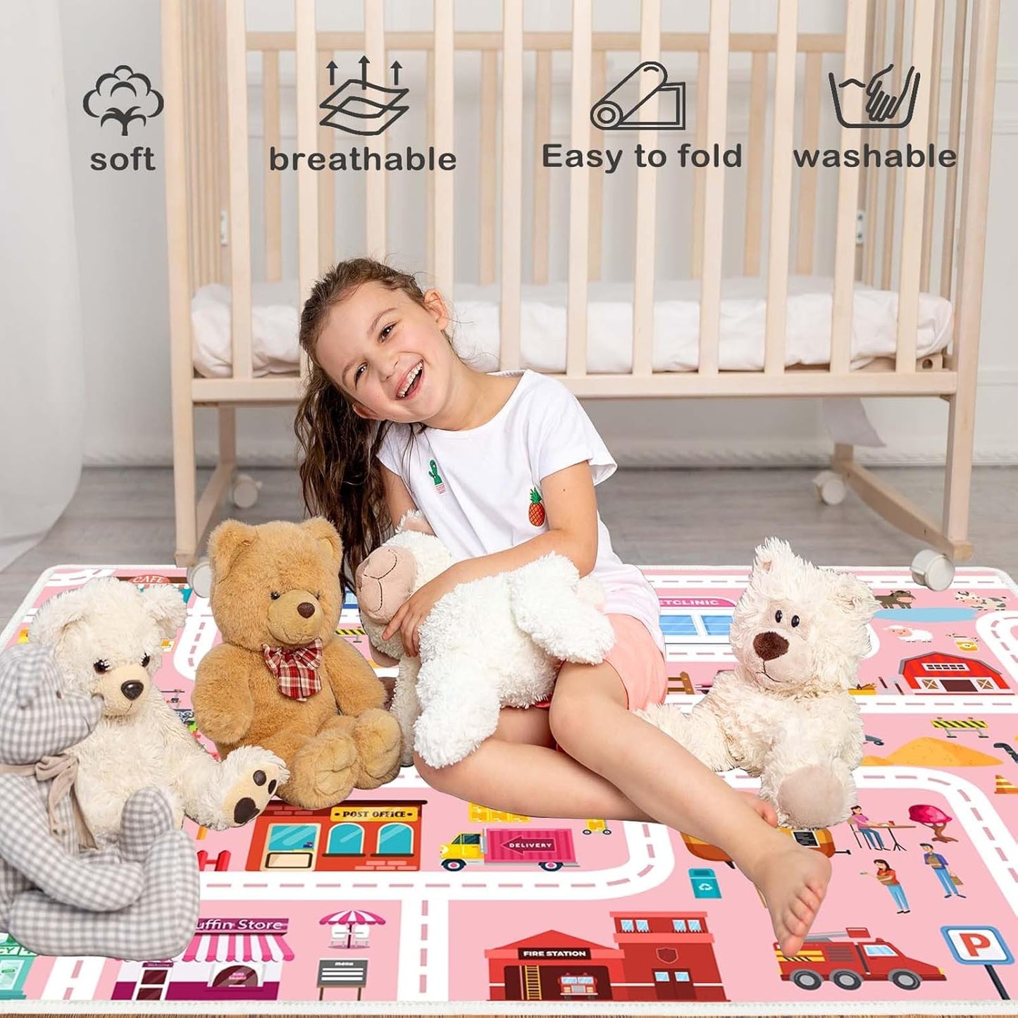 Car Play Mat - Non Slip Kids Rug for Toy Cars, Low Pile for Classroom