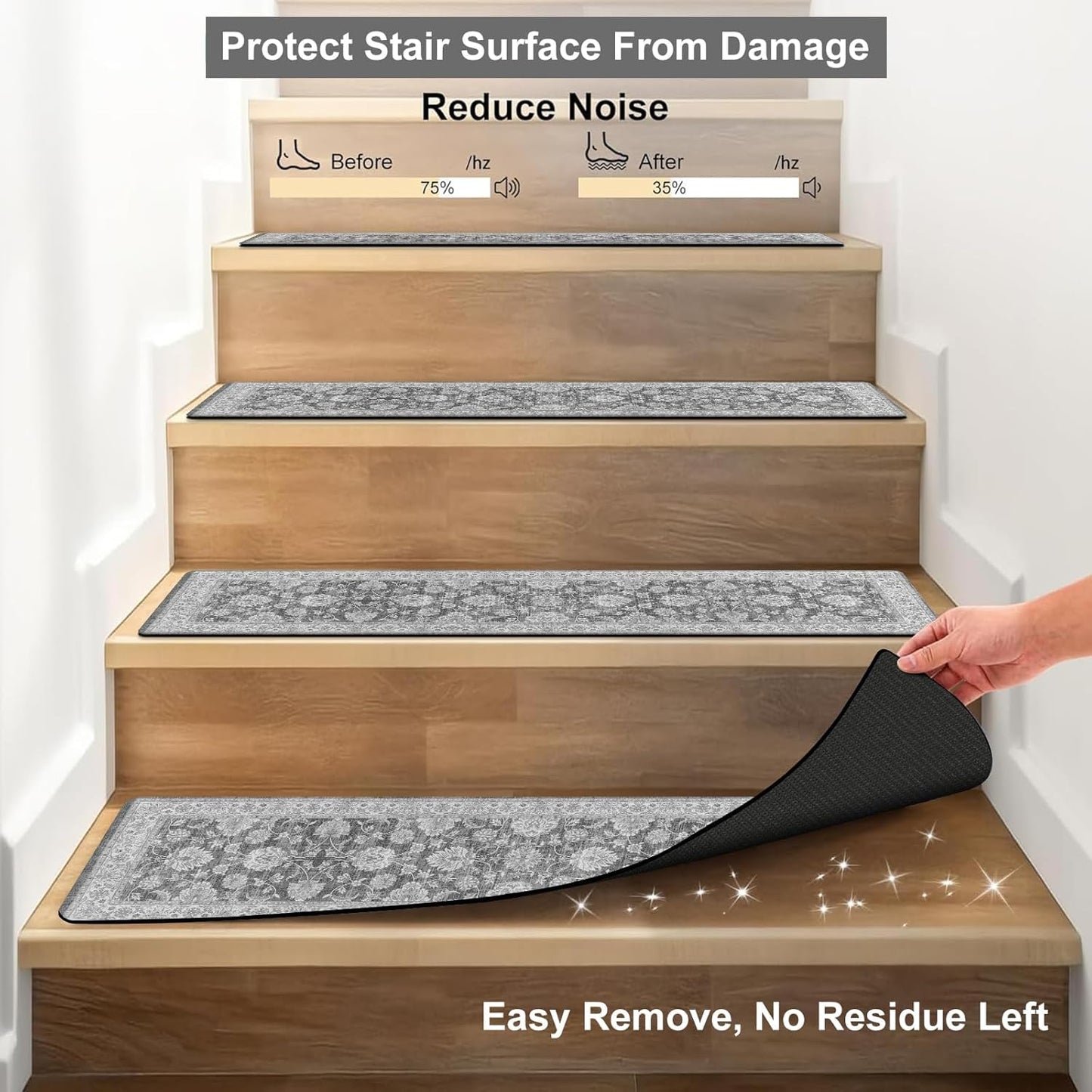 OJIA Extra Non-Slip Stair Treads for Wooden Steps 15PCS, 30"X8" Rubber Indoor Stair Runner Slip Resistant Stair Rugs Safety Mats for Dogs, Kids & Elders, Stairway Grip Step Treads, Gray
