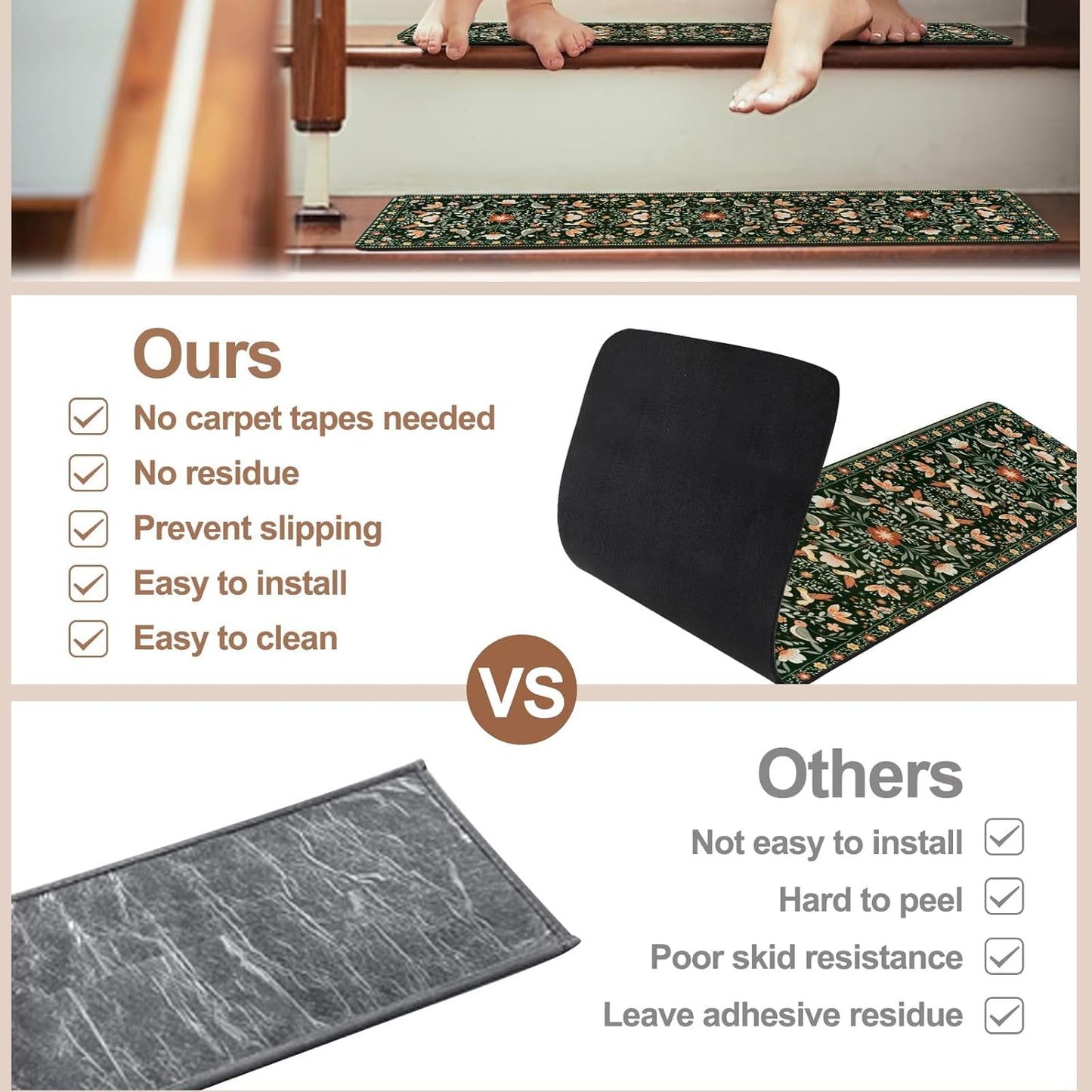 OJIA Floral Stair Treads Non-Slip Stair Runner for Wooden Steps Indoor 15PCS 30"x8" Carpet Stair Treads Stair Mats Staircase Step Treads for Kids, Elders and Dogs, Stair Covers, Black
