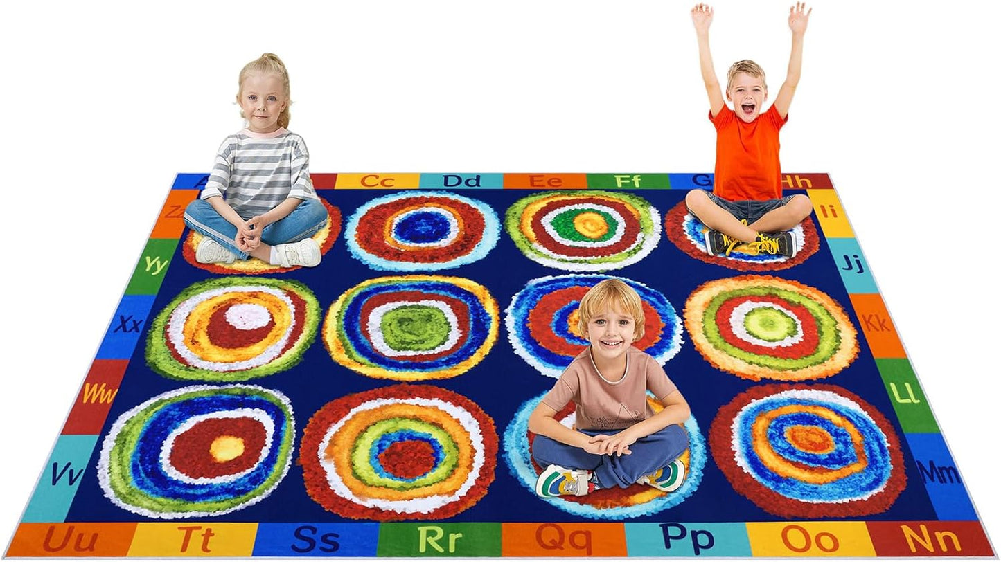 Classroom Rug 24 Seats Alphabet Educational Area Rug for Classroom Preschool Kids Room，ABC Kids Rug Rainbow Classroom Carpet, Playroom or Home Learning Floor Mat, 7'6" x 12', Deep Blue