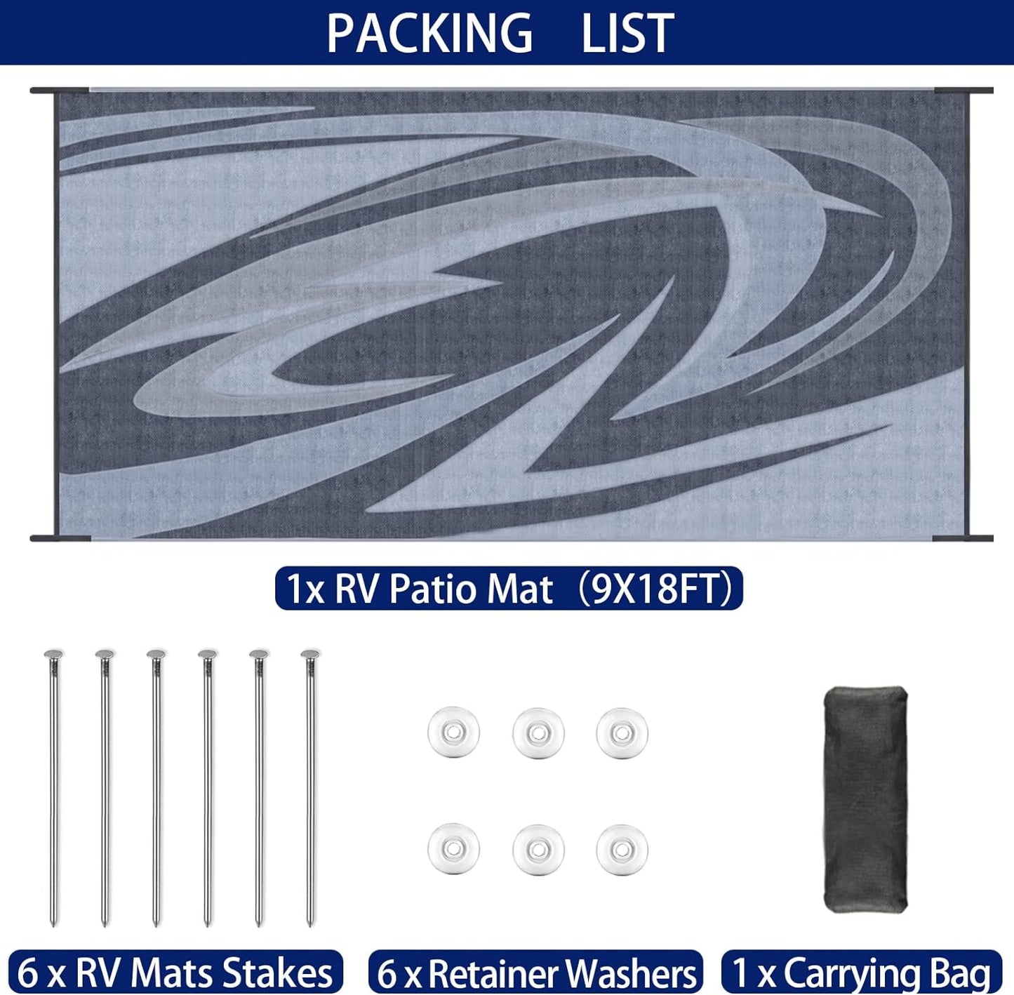 EEZ RV Products 9'x18' GW Heavy Duty Reversible/Durable Outdoor Patio/RVing Mats(9ft x18ft Grey) Come with Large Storage Bag & 6 Sets of Stakes and Washer