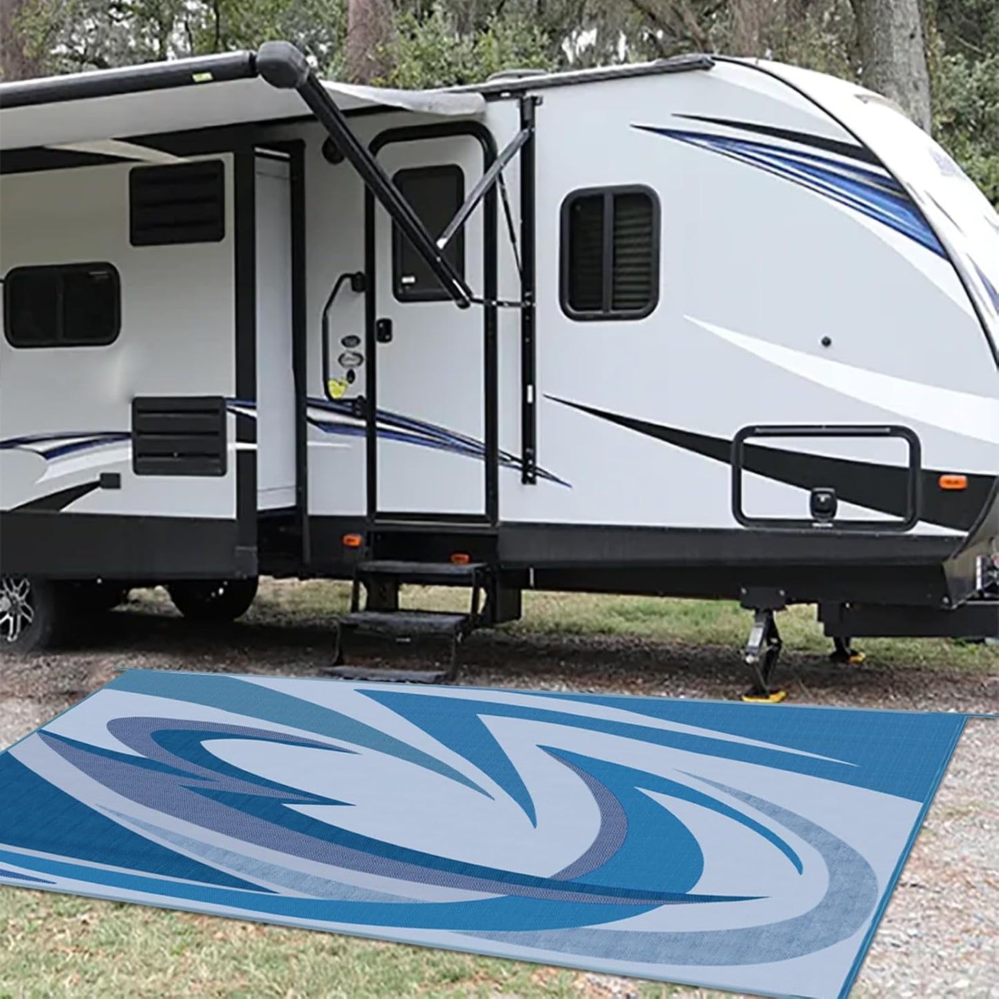 EEZ RV Products 9'x18' GW Heavy Duty Reversible/Durable Outdoor Patio/RVing Mats(9ft x18ft Grey) Come with Large Storage Bag & 6 Sets of Stakes and Washer