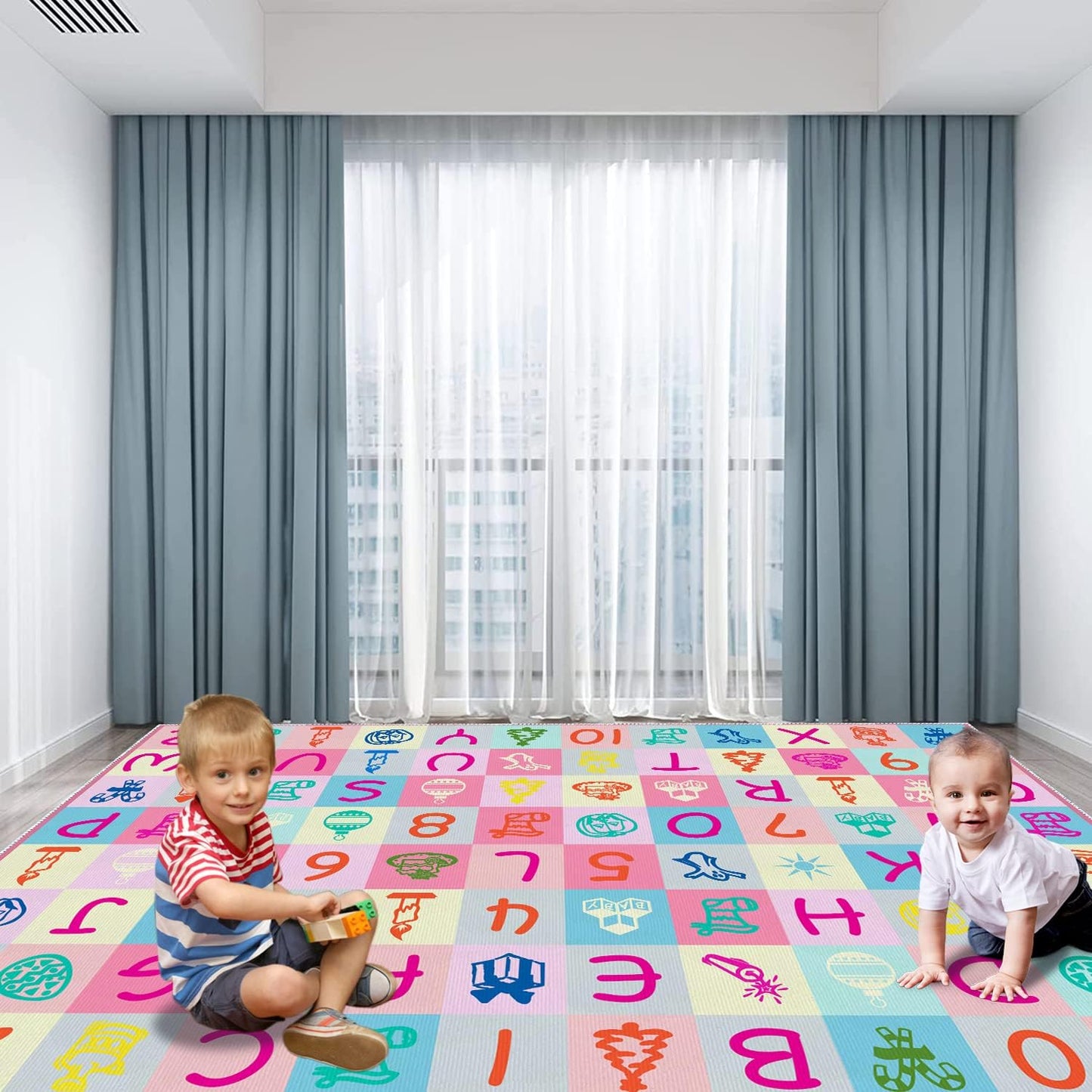 Kids Number Alphabet Game Rug - ABC Educational Area Rug - Fruit Animal Pattern for Kids Room Playroom Bedroom Kindergarten Nursery Soft Non-slip Machine Washable (Alphabet, 12' x 9' (Rectangular))