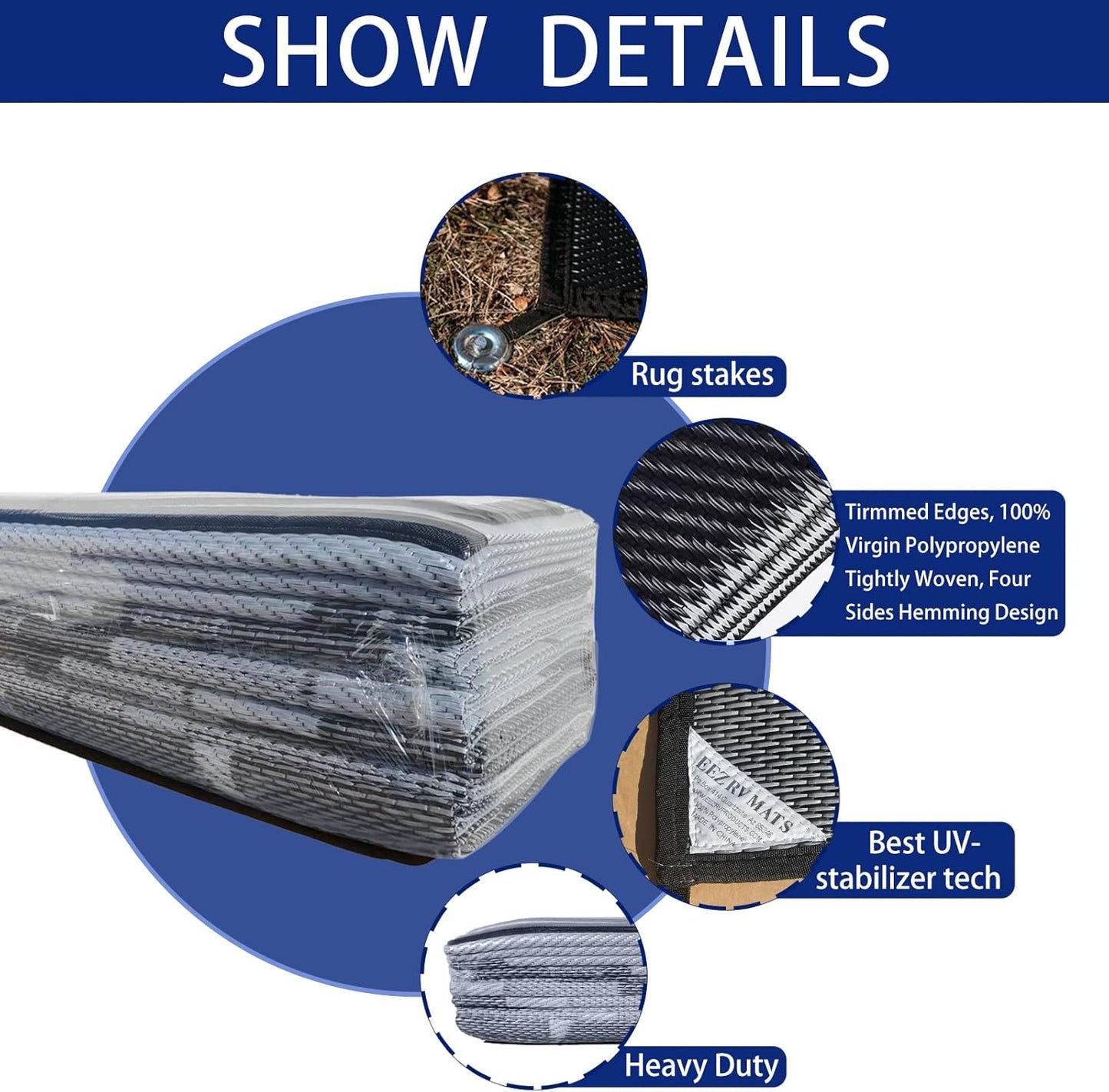 EEZ RV Products 9'x18' GW Heavy Duty Reversible/Durable Outdoor Patio/RVing Mats(9ft x18ft Grey) Come with Large Storage Bag & 6 Sets of Stakes and Washer