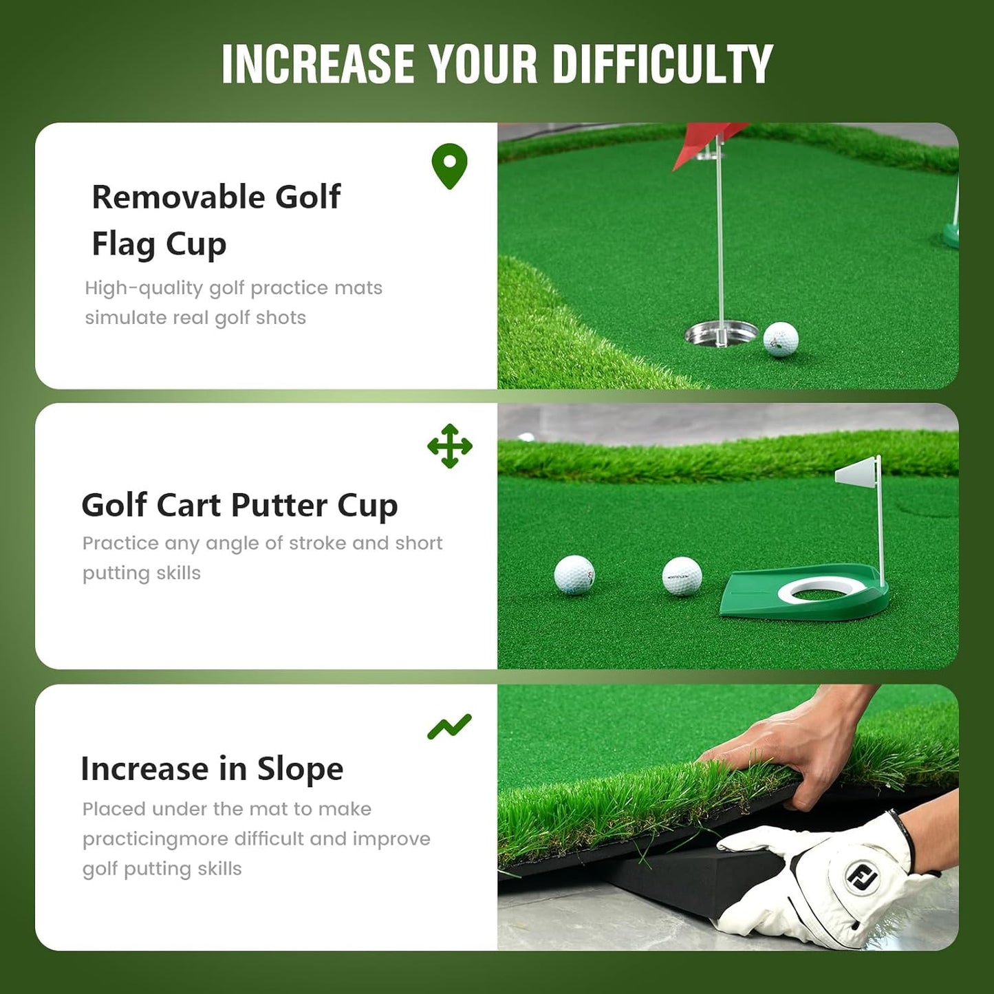 Thickened Realistic Golf Putting Green, 5 x 10ft Professional Golf Practice Training Mat for Indoor Outdoor, 3 Holes, Long Challenging Game Green Mat for Children with Training Aid Put Cup