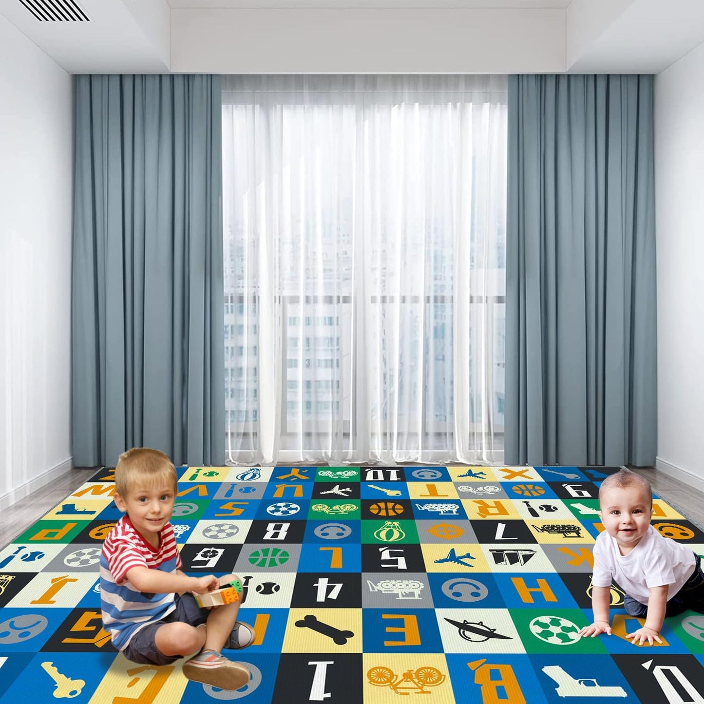Kids Number Alphabet Game Rug - ABC Educational Area Rug - Fruit Animal Pattern for Kids Room Playroom Bedroom Kindergarten Nursery Soft Non-slip Machine Washable (Alphabet, 12' x 9' (Rectangular))