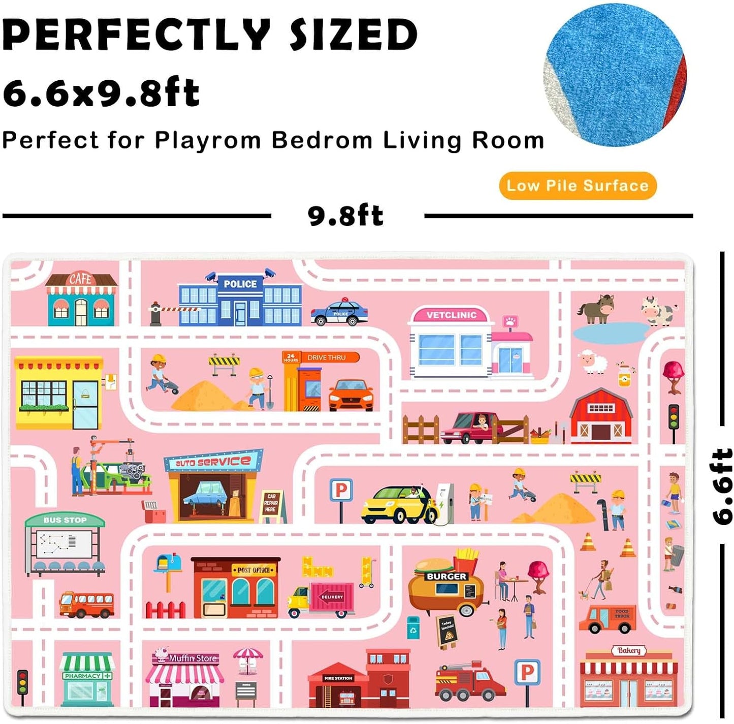 Car Play Mat - Non Slip Kids Rug for Toy Cars, Low Pile for Classroom