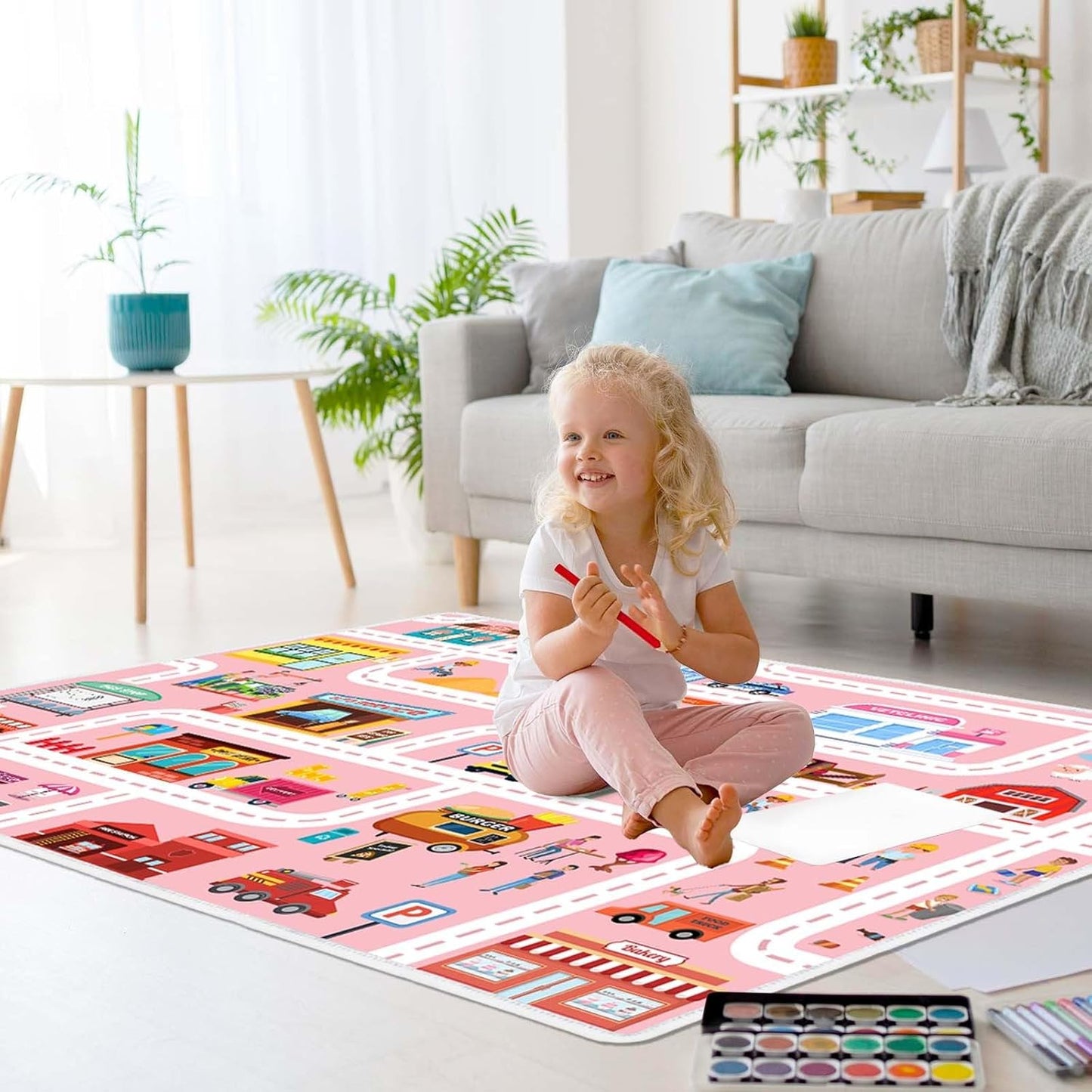Car Play Mat - Non Slip Kids Rug for Toy Cars, Low Pile for Classroom