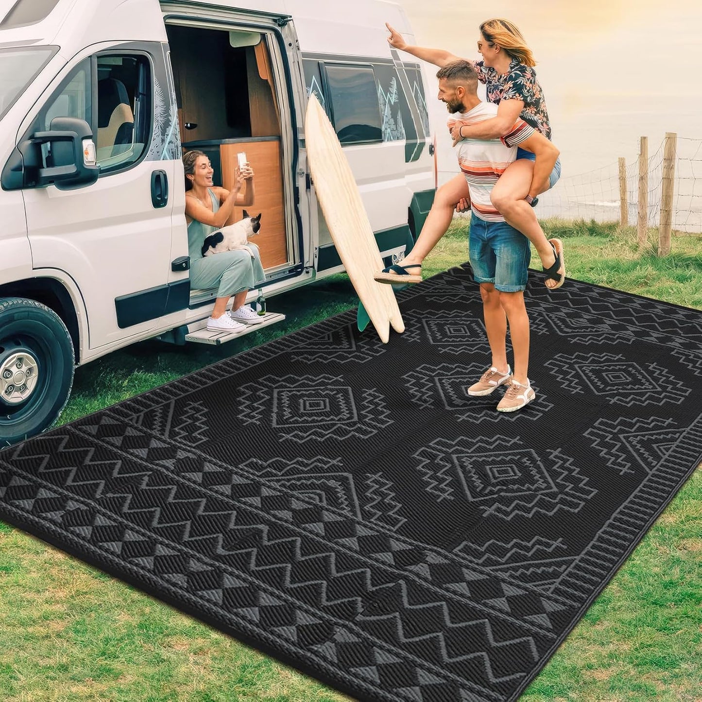 GarveeHome Large Outdoor Rug 9 x 18 Waterproof Modern Checkboard Plastic Straw Rug, Foldable Reversible Camping Mat, UV-Resistant Geometric Plaid Woven Carpet for Picnic, Deck, Black Gray