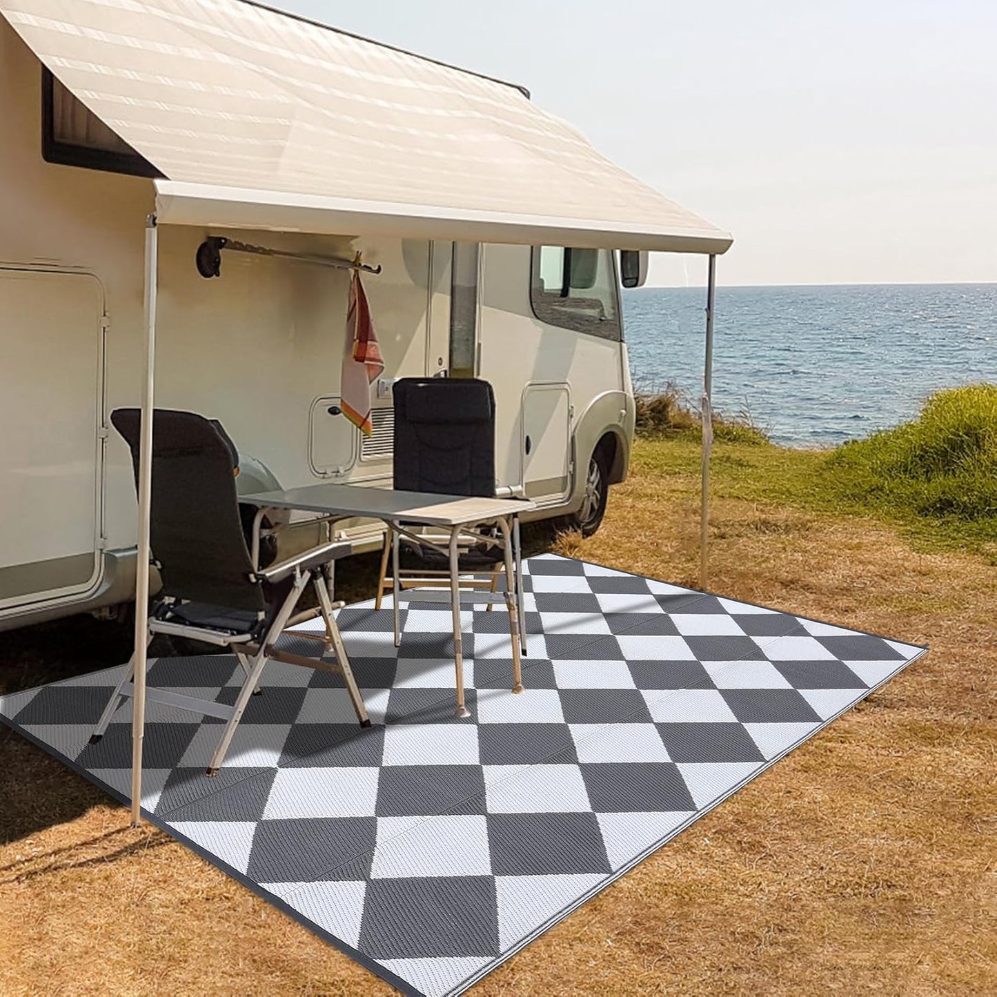 Garvee Outdoor Rug 10'x20' for Patios Clearance, Reversible Outdoor Plastic Straw Waterproof Camping Carpet, Large Area Rugs Patio Mats for Outside RV, Camper, Deck, Porch, Beach, Picnic (Black/Grey)
