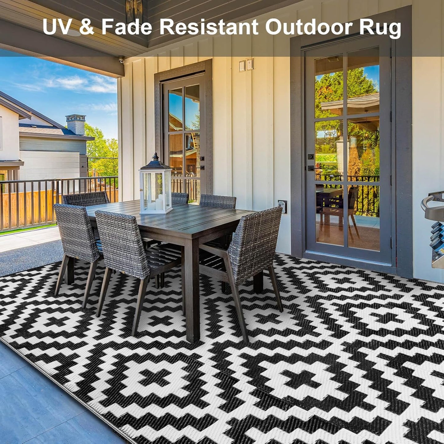 Outdoor Patio Plastic Straw Rug - 9x18 ft Outdoor Camping Rug Waterproof Reversible, Area Carpet Patios Clearance RV, Outside Porch Balcony Deck for Camper, Black & White