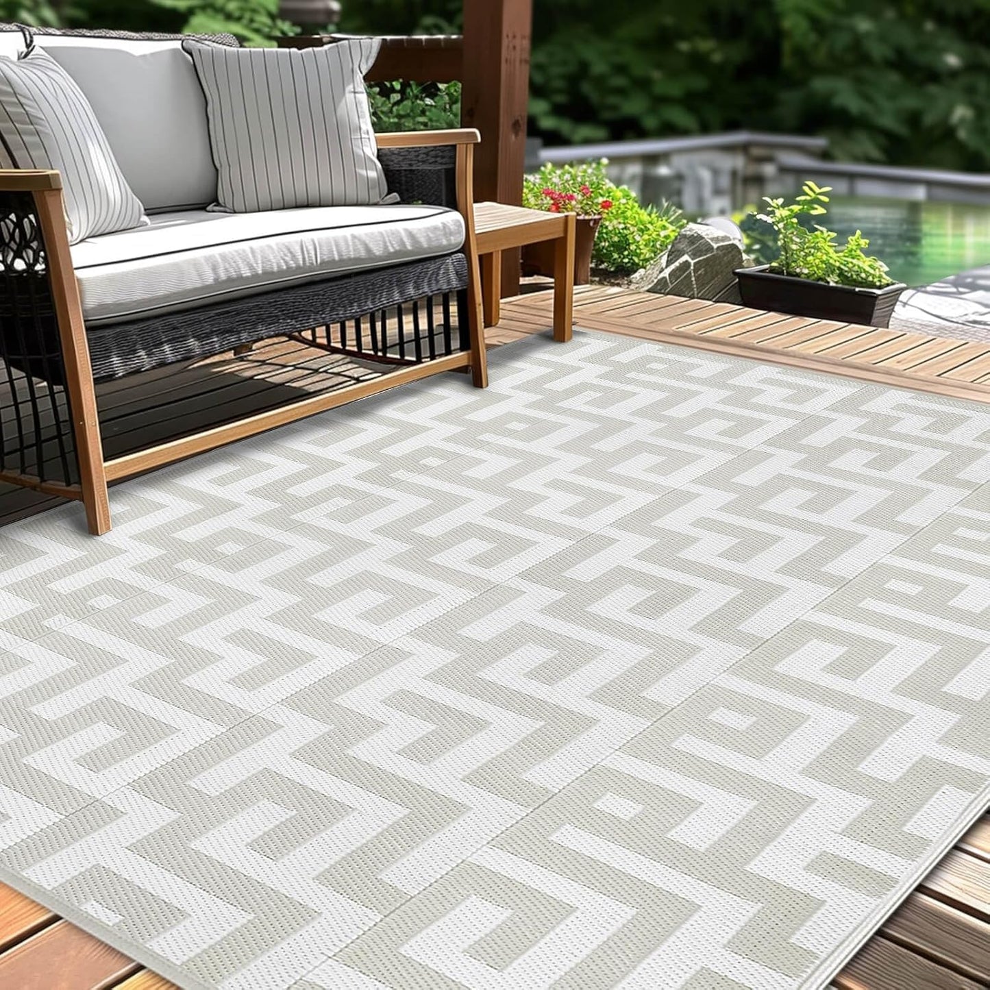 Outdoor Patio Plastic Straw Rug - 9x18 ft Outdoor Camping Rug Waterproof Reversible, Area Carpet Patios Clearance RV, Outside Porch Balcony Deck for Camper, Black & White