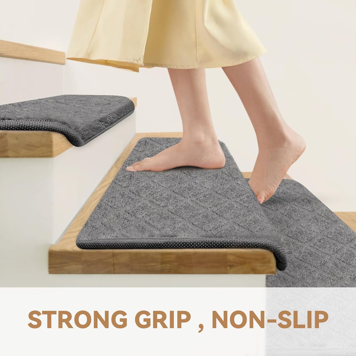 Bullnose Stair Treads Non Slip 9.5" x 32", 14 Pcs Carpet Stair Treads for Wooden Steps Indoor with Edge Protection, Reusable Peel and Stick TPU Backing Stair Runner Rugs - Diamond Pattern Grey.