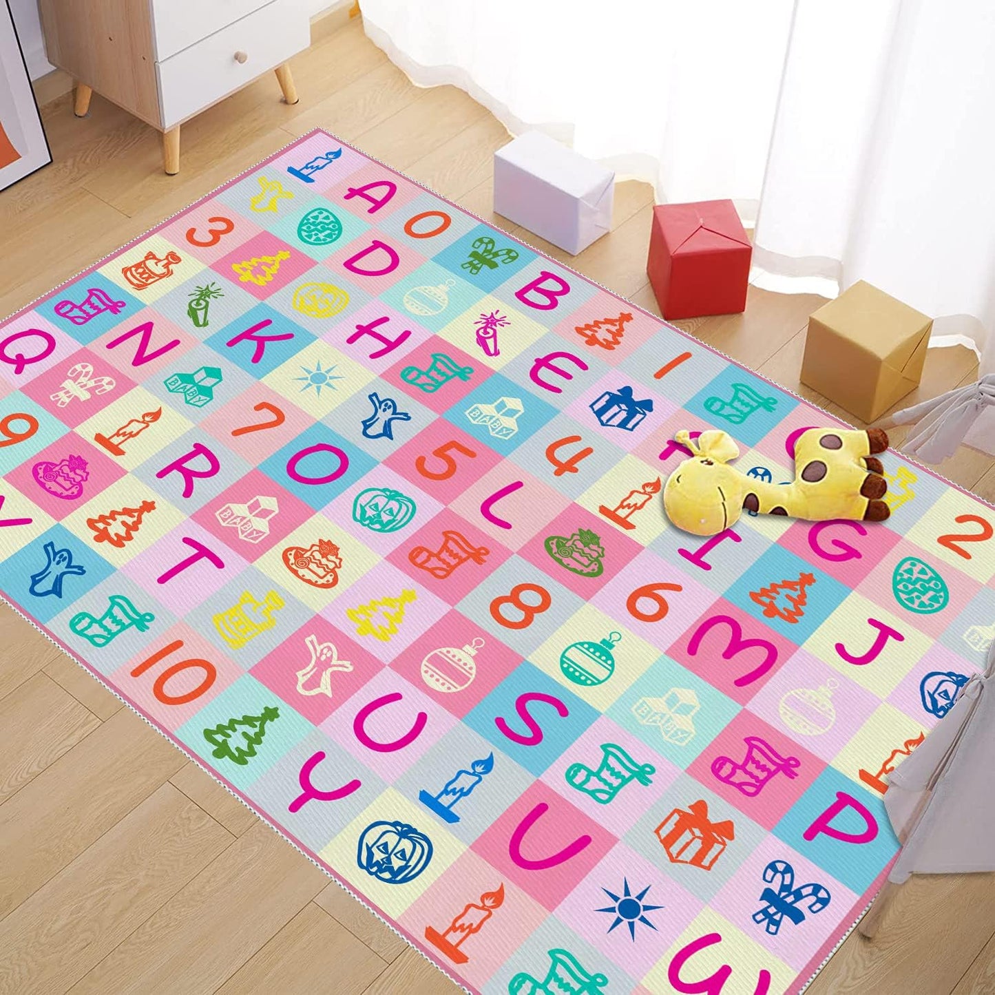 Kids Number Alphabet Game Rug - ABC Educational Area Rug - Fruit Animal Pattern for Kids Room Playroom Bedroom Kindergarten Nursery Soft Non-slip Machine Washable (Alphabet, 12' x 9' (Rectangular))
