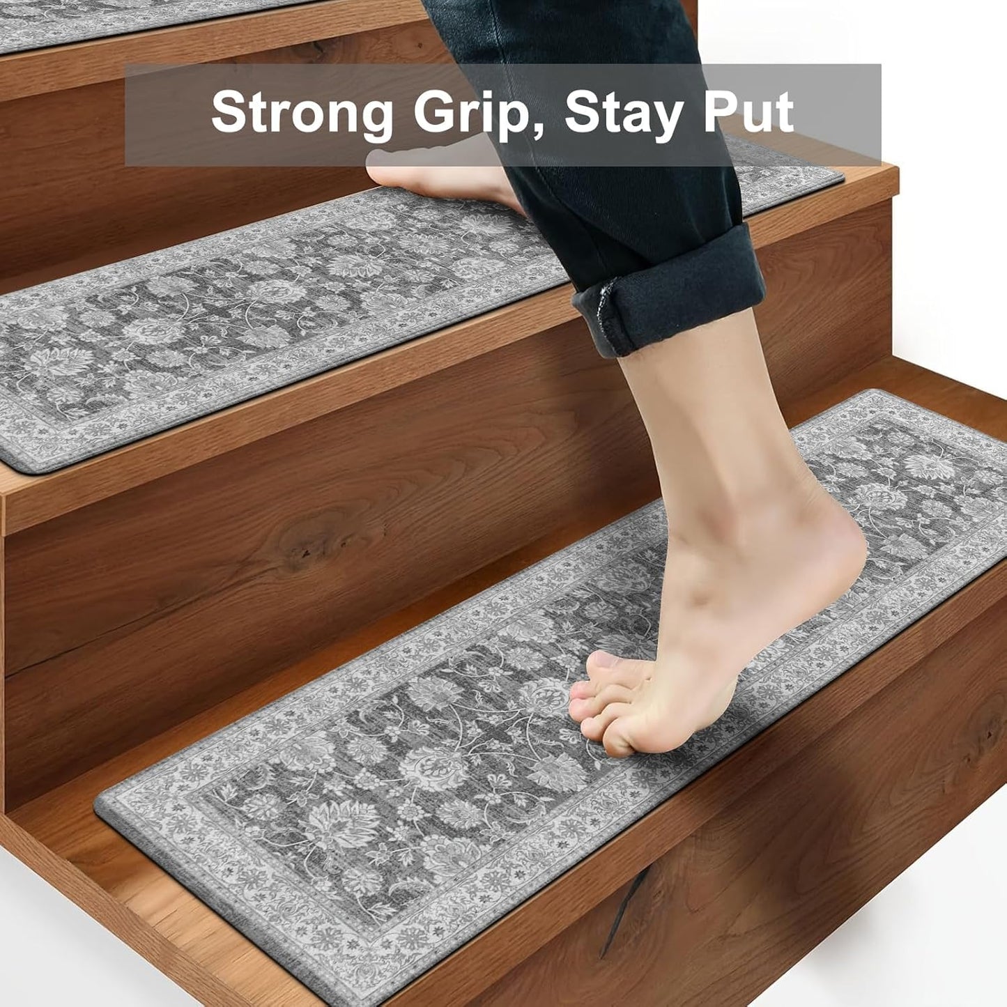 OJIA Extra Non-Slip Stair Treads for Wooden Steps 15PCS, 30"X8" Rubber Indoor Stair Runner Slip Resistant Stair Rugs Safety Mats for Dogs, Kids & Elders, Stairway Grip Step Treads, Gray
