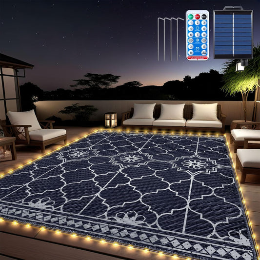 8x10Ft Outdoor Rug, Solar Powered Outdoor Rug with 113LEDs Strip Lights, Waterproof Plastic Reversible Outdoor Straw Rugs, Rugs Mat for House Deck RV Camping Patio Beach Balcony Picnic (Blue White)