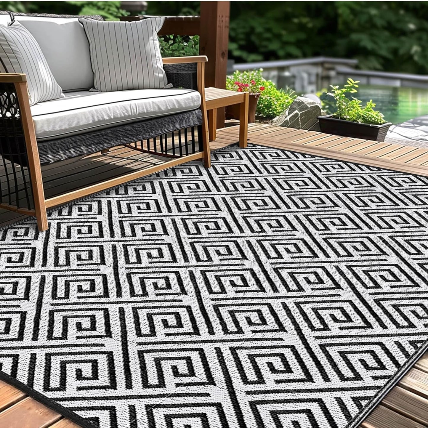 Outdoor Patio Plastic Straw Rug - 9x18 ft Outdoor Camping Rug Waterproof Reversible, Area Carpet Patios Clearance RV, Outside Porch Balcony Deck for Camper, Black & White