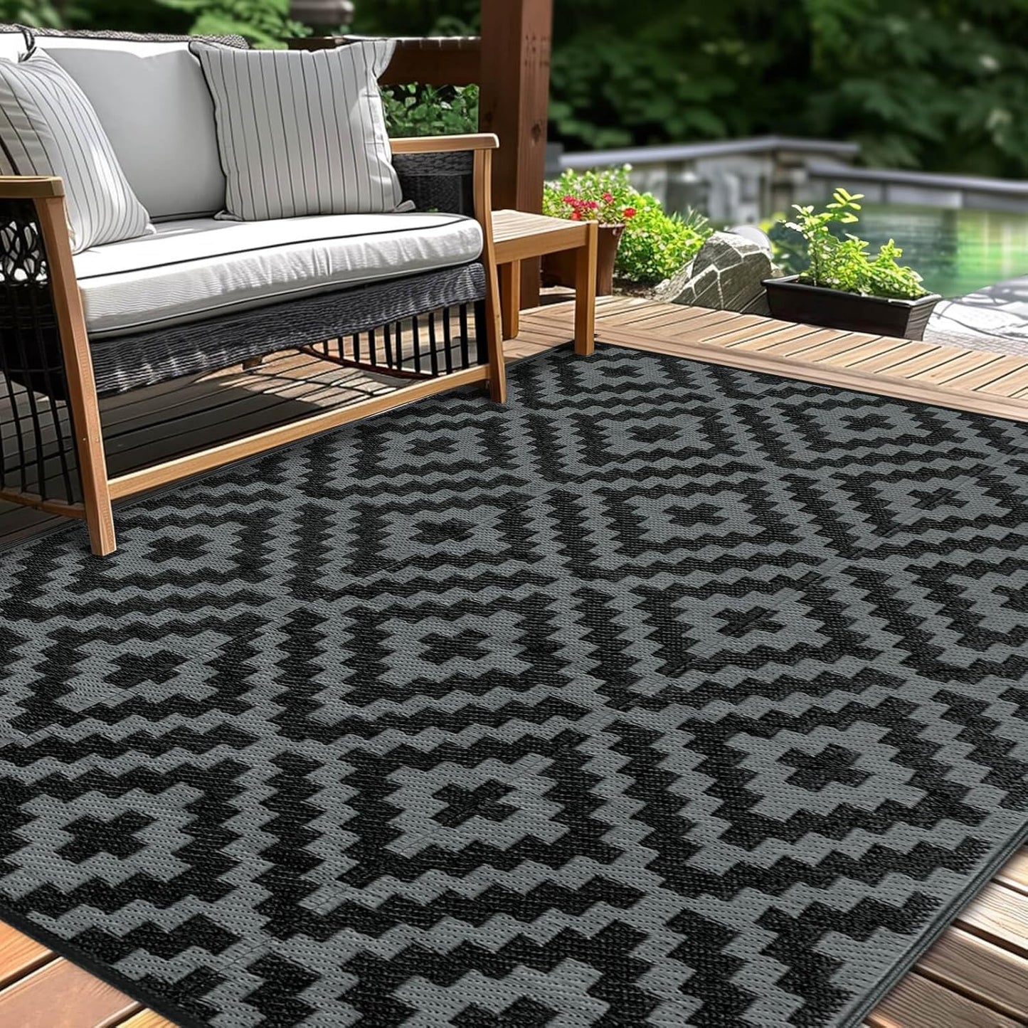 Outdoor Patio Plastic Straw Rug - 9x18 ft Outdoor Camping Rug Waterproof Reversible, Area Carpet Patios Clearance RV, Outside Porch Balcony Deck for Camper, Black & White