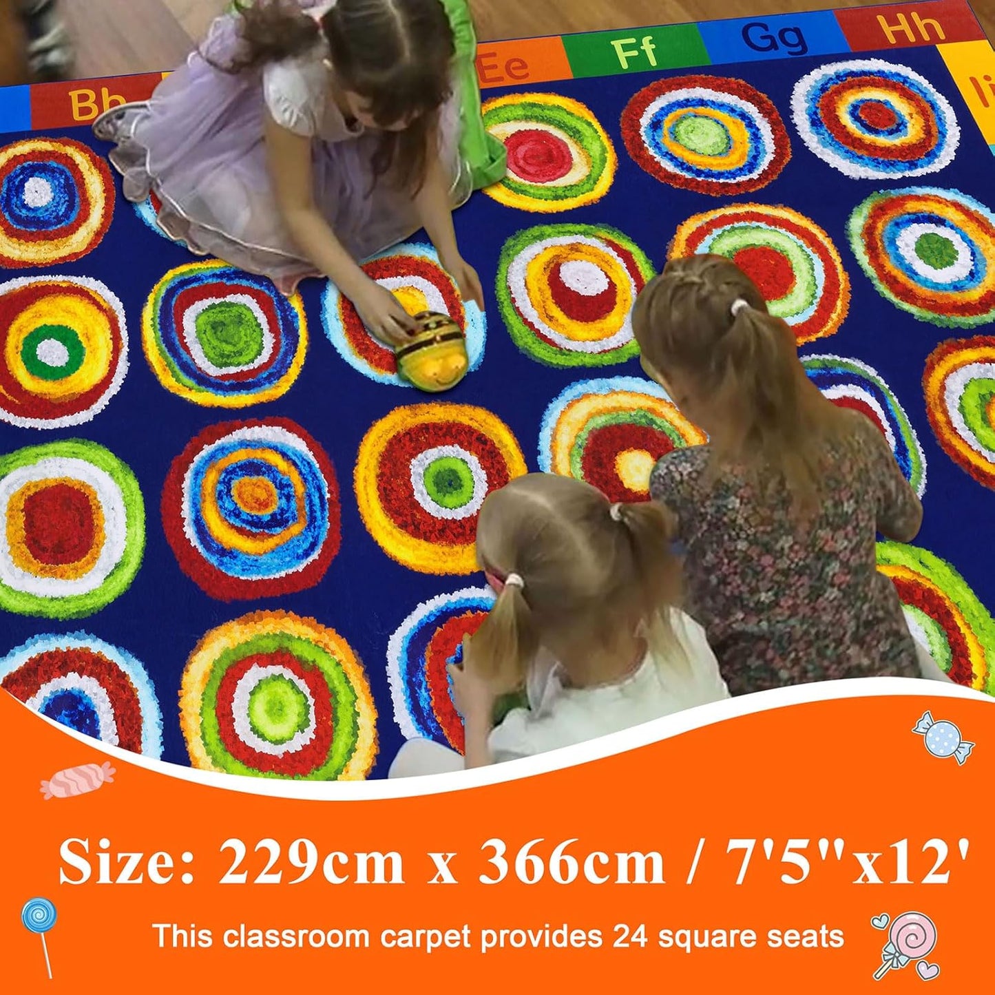 Classroom Rug 24 Seats Alphabet Educational Area Rug for Classroom Preschool Kids Room，ABC Kids Rug Rainbow Classroom Carpet, Playroom or Home Learning Floor Mat, 7'6" x 12', Deep Blue