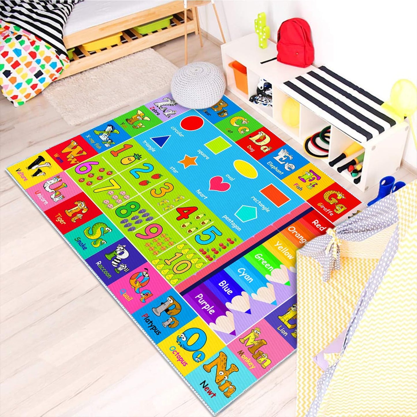 Kids Alphabet Play Game Rug - 7'x10' ABC Numbers and Shapes Educational Learning Toddler Carpet - Kids Room Playroom Classroom Kindergarten Activity Fun Soft Non-Slip Mat