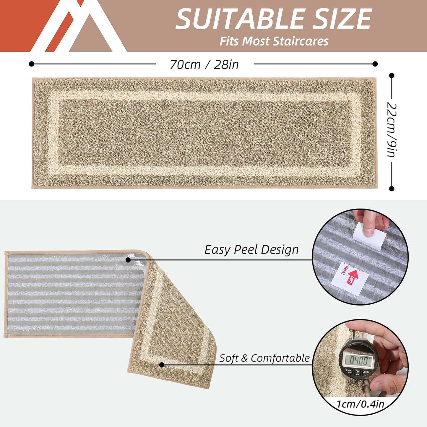 COSY HOMEER Soft Stair Treads 15pcs Non-Slip Carpet Mat 28inX9in Indoor Stair Runners for Wooden Steps,Stair Rugs for Kids and Dogs, 100% Polyester TPE Backing Beige,Square
