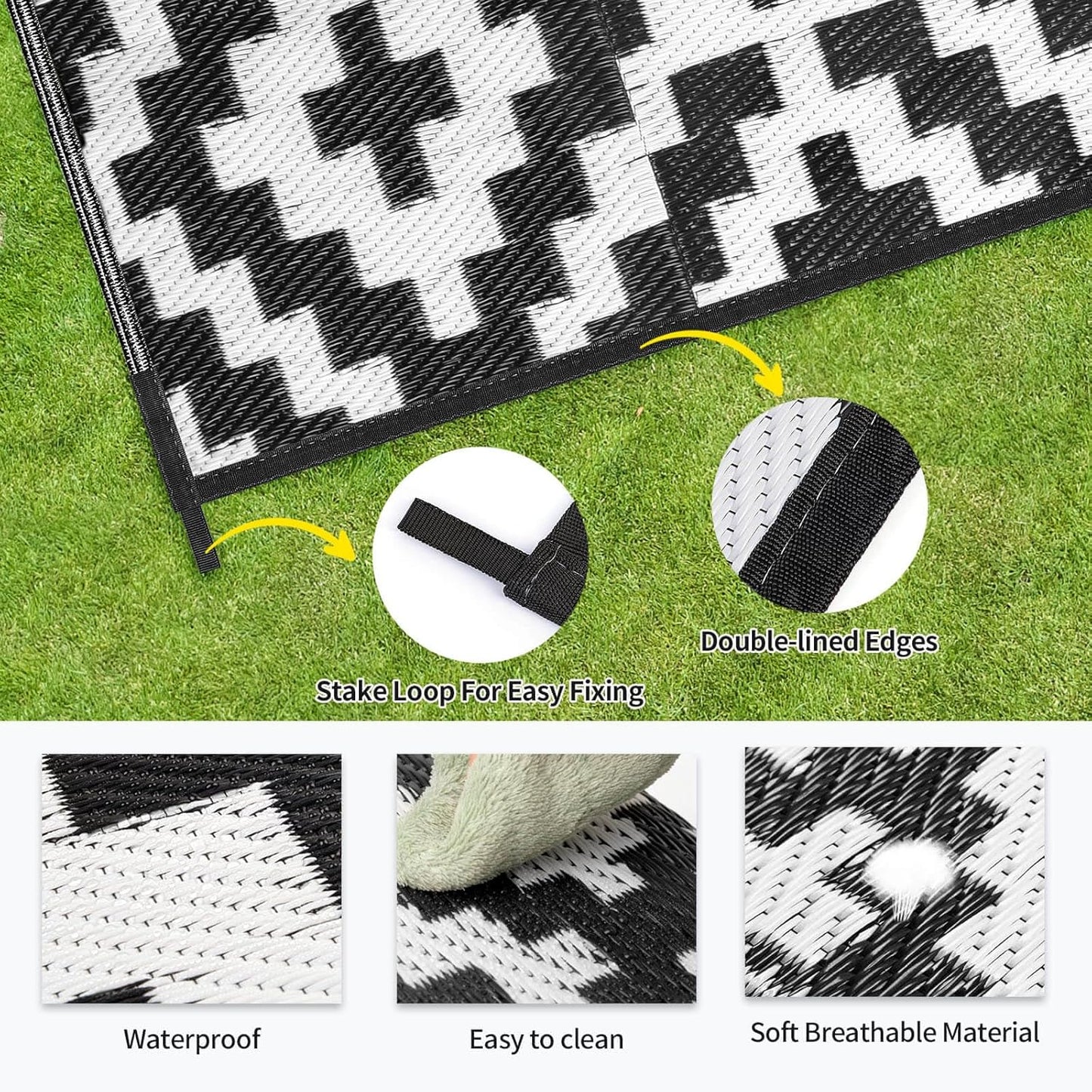 Outdoor Patio Plastic Straw Rug - 9x18 ft Outdoor Camping Rug Waterproof Reversible, Area Carpet Patios Clearance RV, Outside Porch Balcony Deck for Camper, Black & White