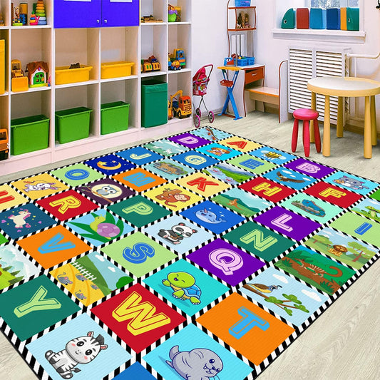 Kids Number Alphabet Game Rug - ABC Educational Area Rug - Fruit Animal Pattern for Kids Room Playroom Bedroom Kindergarten Nursery Soft Non-slip Machine Washable (Alphabet, 12' x 9' (Rectangular))