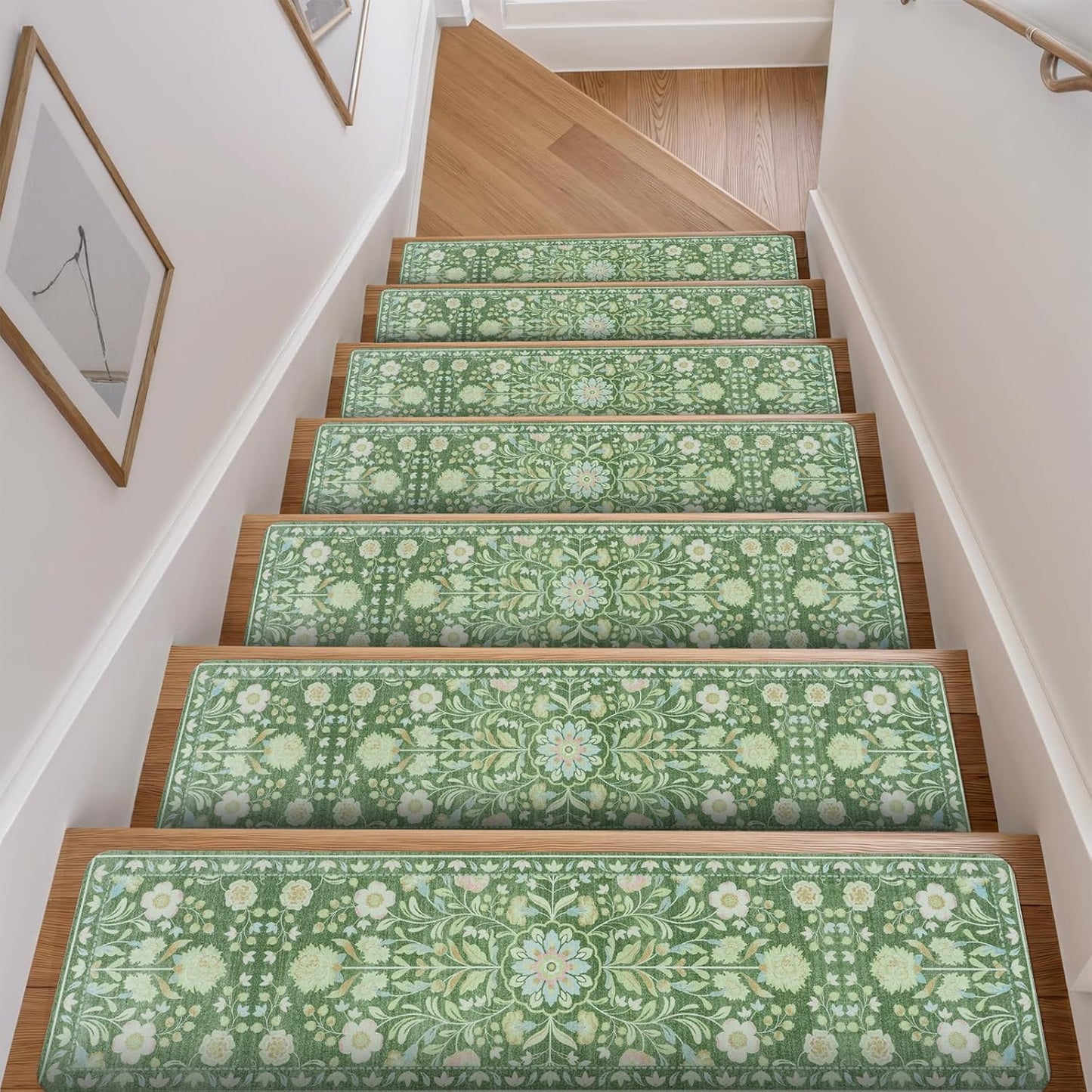OJIA Floral Stair Treads Non-Slip Stair Runner for Wooden Steps Indoor 15PCS 30"x8" Carpet Stair Treads Stair Mats Staircase Step Treads for Kids, Elders and Dogs, Stair Covers, Black