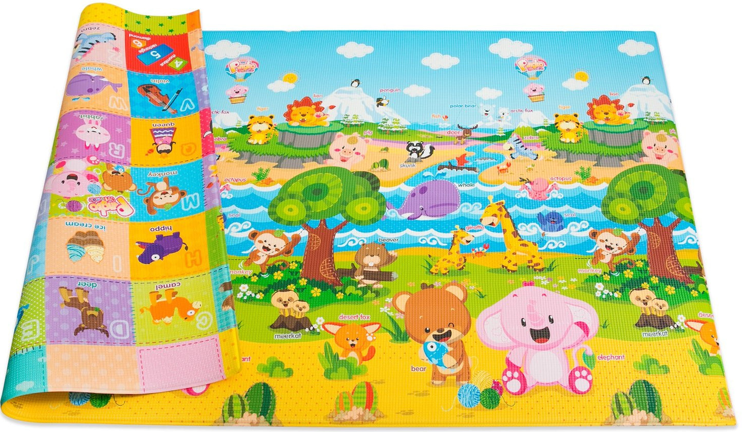 Baby Care Play Mat (Large, Playful - Zoo Town) 82'' x 55'' Original One-Piece Reversible Rollable Waterproof Play Mat for Infants, Babies, Toddler, and Kids