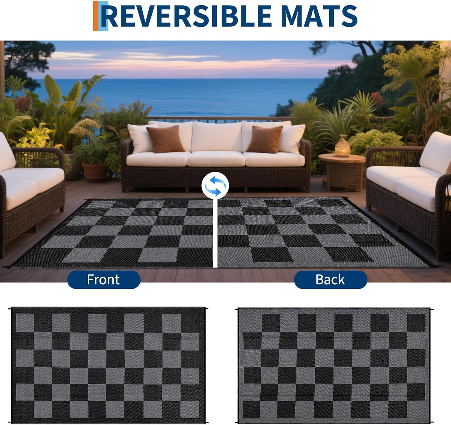 GarveeHome Large Outdoor Rug 9 x 18 Waterproof Modern Checkboard Plastic Straw Rug, Foldable Reversible Camping Mat, UV-Resistant Geometric Plaid Woven Carpet for Picnic, Deck, Black Gray