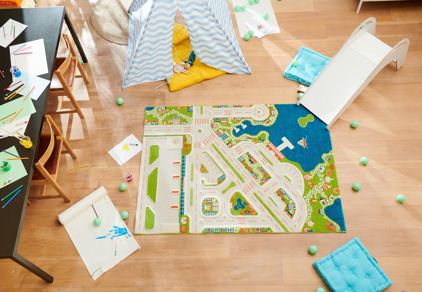 IVI Mini City Thick 3D Kids Play Mat Rug, 71" L x 53" W, Non-Toxic, Stain Resistant, Educational Montessori Activity Toys for Kids