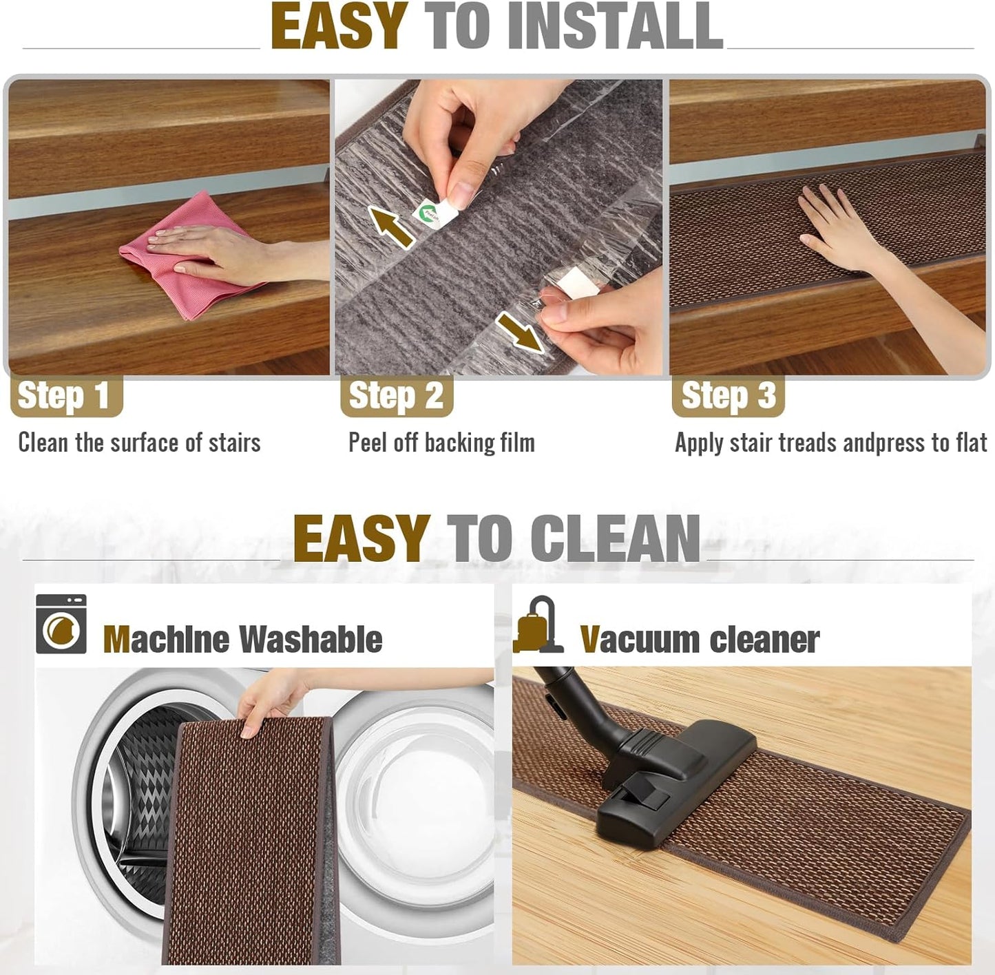 Stair Treads Non Slip for Wooden Steps Indoor 9" x 36" 15 Pack Extra Wide Stairs Tread Carpet Runner, Step Pads with Reusable Adhesive for Dogs Kids Elders, Machine Washable, Brown