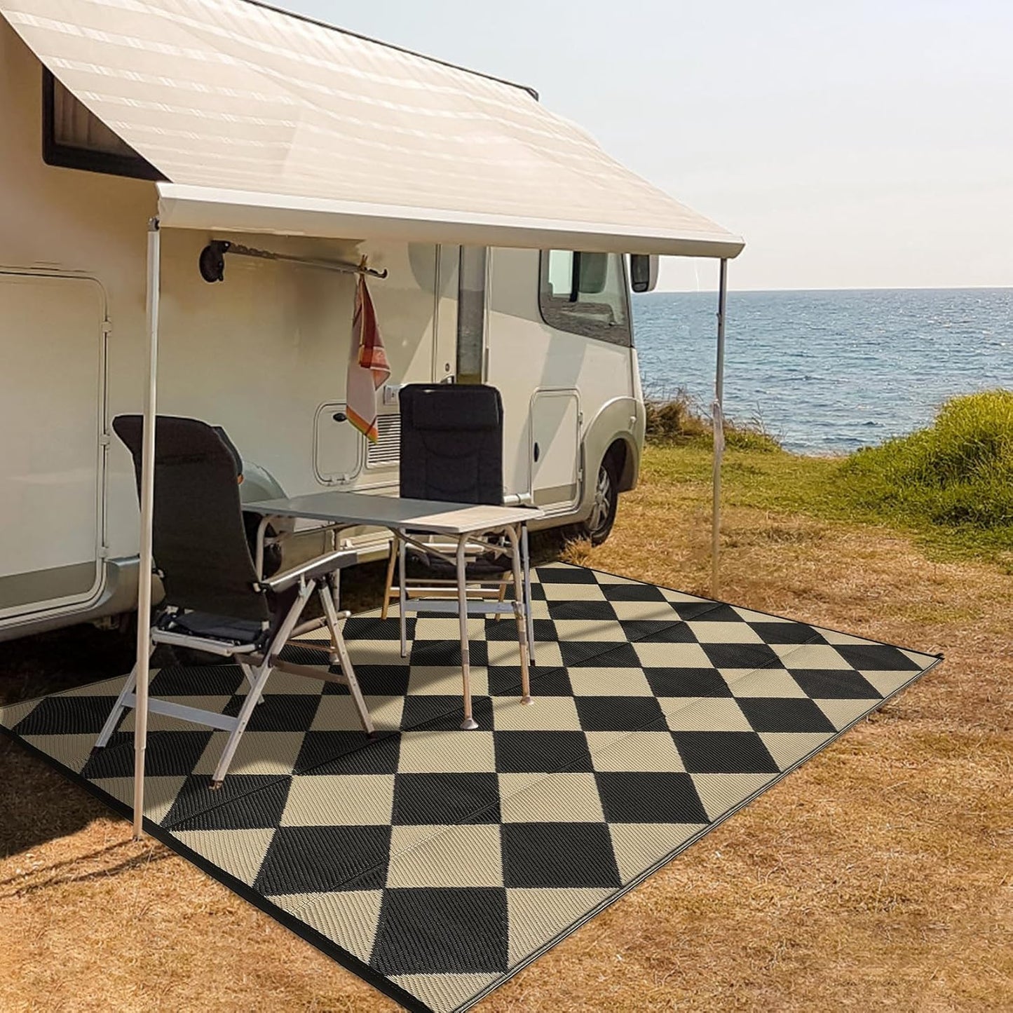 Garvee Outdoor Rug 10'x20' for Patios Clearance, Reversible Outdoor Plastic Straw Waterproof Camping Carpet, Large Area Rugs Patio Mats for Outside RV, Camper, Deck, Porch, Beach, Picnic (Black/Grey)