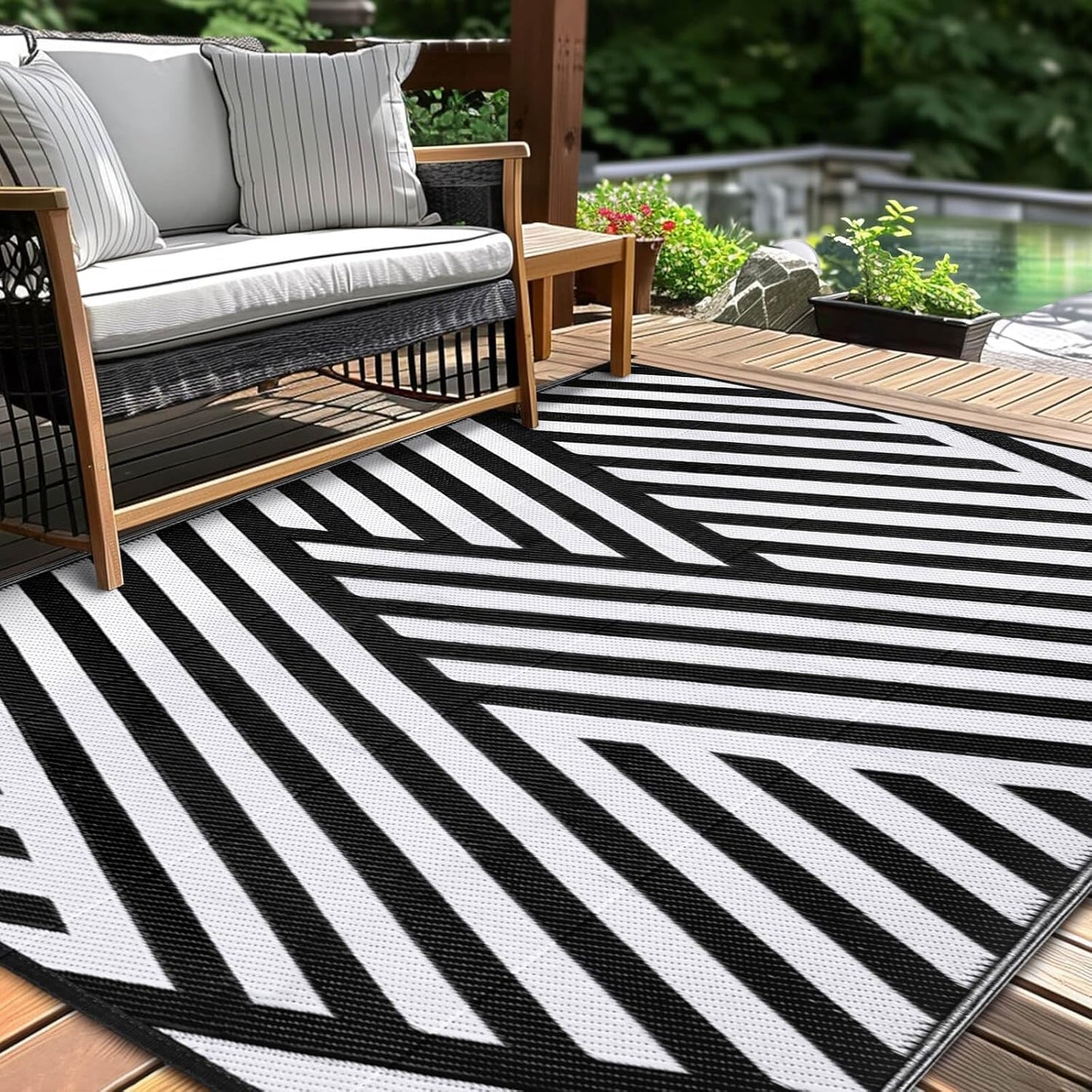 Outdoor Patio Plastic Straw Rug - 9x18 ft Outdoor Camping Rug Waterproof Reversible, Area Carpet Patios Clearance RV, Outside Porch Balcony Deck for Camper, Black & White