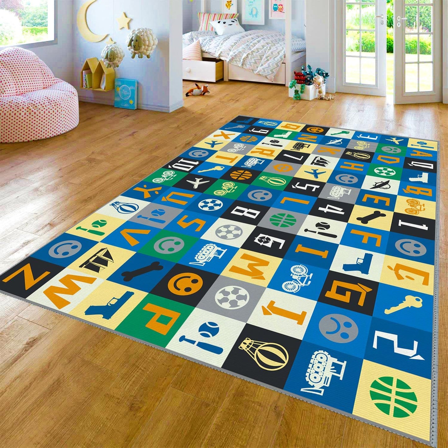 Kids Number Alphabet Game Rug - ABC Educational Area Rug - Fruit Animal Pattern for Kids Room Playroom Bedroom Kindergarten Nursery Soft Non-slip Machine Washable (Alphabet, 12' x 9' (Rectangular))