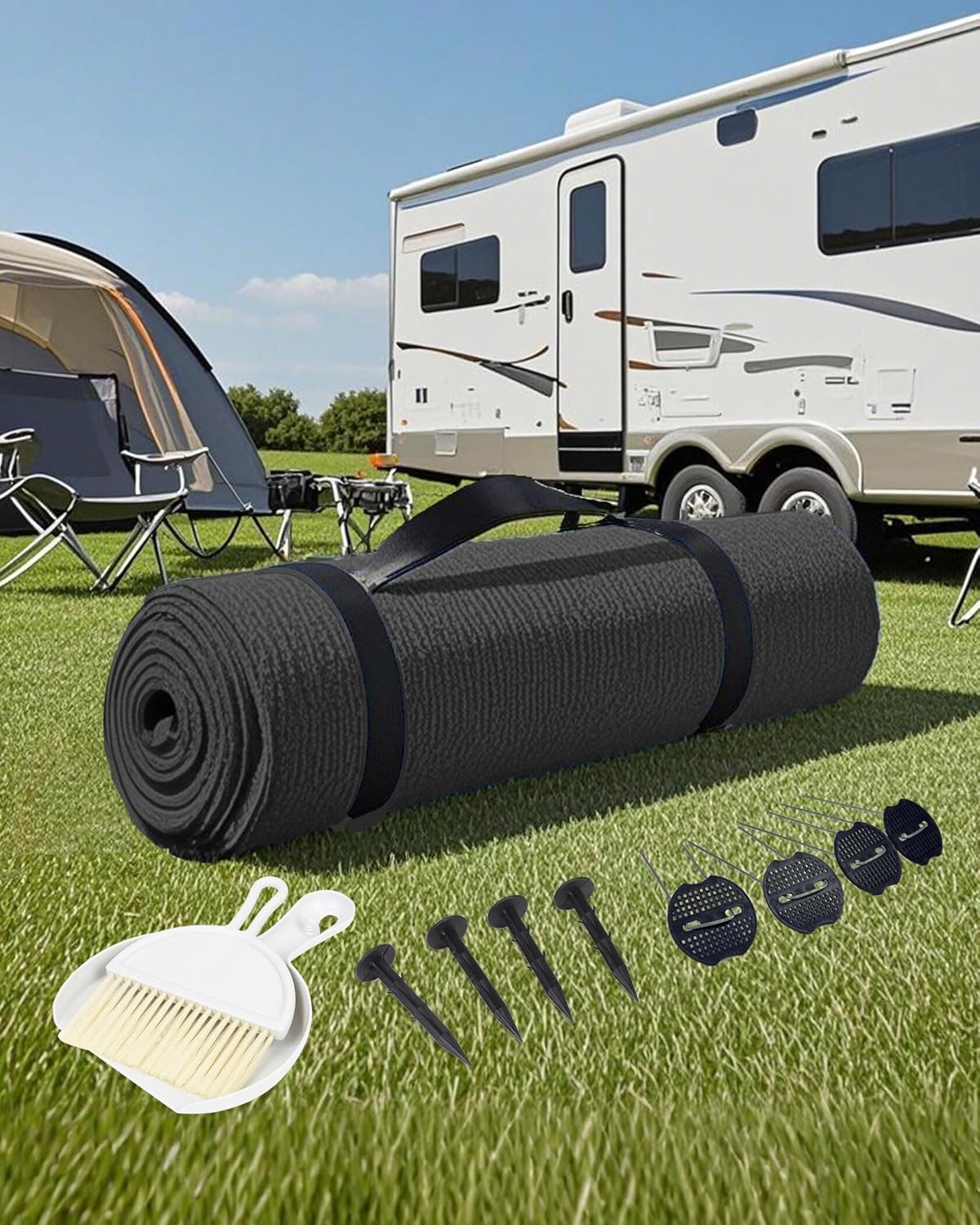 FoundGo Awning Carpet HDPE Camping Outdoor Rug with Eyelets,Nails,Broom,for RV,Patio,Backyard,Picnic,Beach,Trailer 9'*6' (2.74 * 1.83m) -Blue Grey