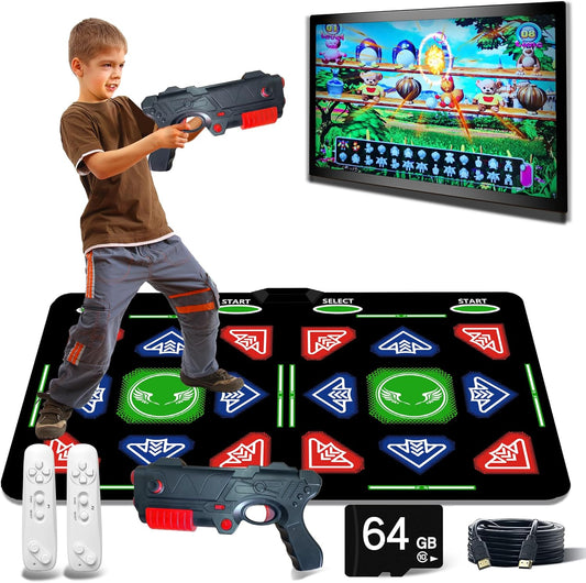 HDMI Dance Mat with Motion-Sensing Gun, 64GB Music & Game Console, 885 Songs, 1022 Interactive Games, 81 MTVs, Flannel Dance Pad for Kids, Music Toy & Gift for 3–14 Year Olds