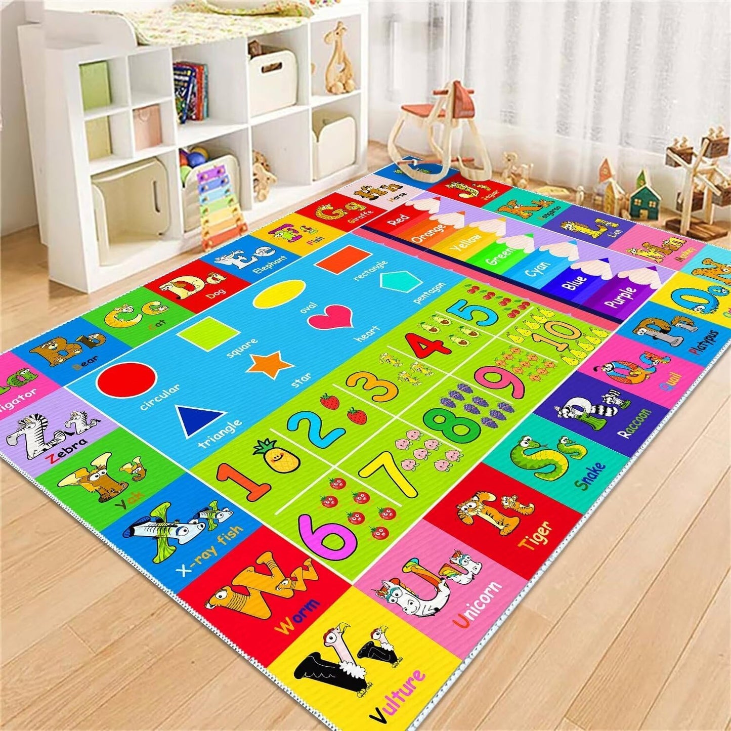 Kids Alphabet Play Game Rug - 7'x10' ABC Numbers and Shapes Educational Learning Toddler Carpet - Kids Room Playroom Classroom Kindergarten Activity Fun Soft Non-Slip Mat