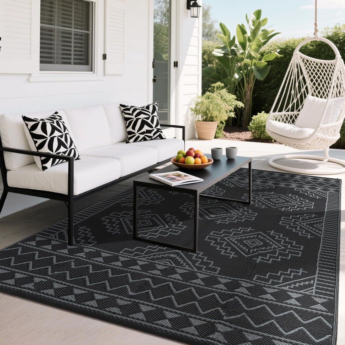 GarveeHome Large Outdoor Rug 9 x 18 Waterproof Modern Checkboard Plastic Straw Rug, Foldable Reversible Camping Mat, UV-Resistant Geometric Plaid Woven Carpet for Picnic, Deck, Black Gray
