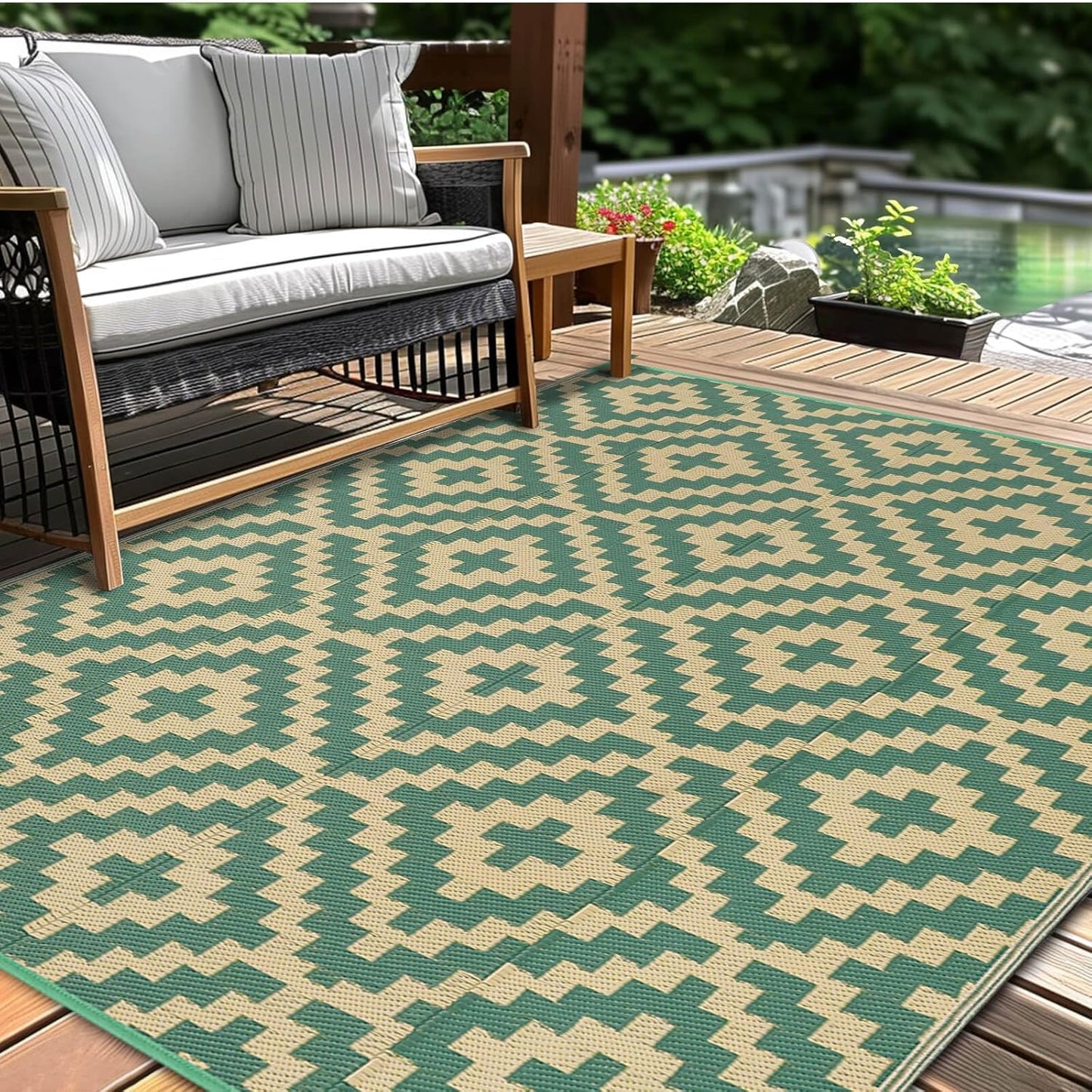 Outdoor Patio Plastic Straw Rug - 9x18 ft Outdoor Camping Rug Waterproof Reversible, Area Carpet Patios Clearance RV, Outside Porch Balcony Deck for Camper, Black & White