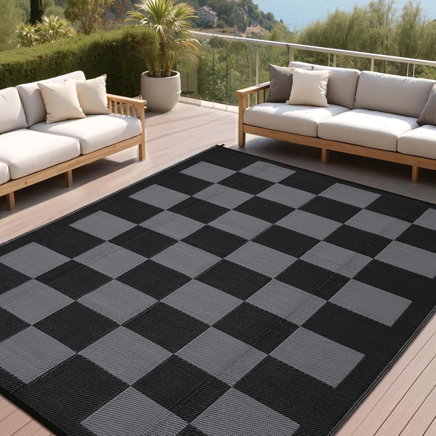 GarveeHome Large Outdoor Rug 9 x 18 Waterproof Modern Checkboard Plastic Straw Rug, Foldable Reversible Camping Mat, UV-Resistant Geometric Plaid Woven Carpet for Picnic, Deck, Black Gray