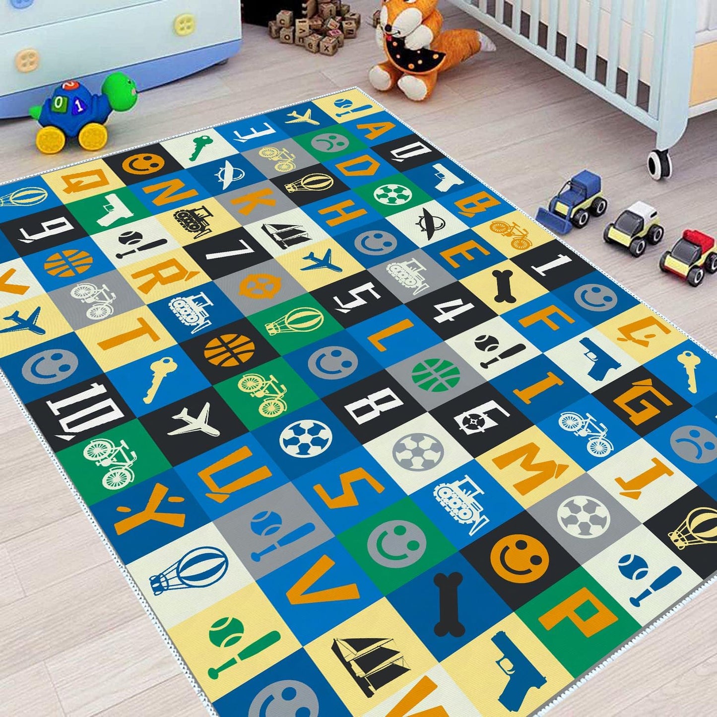 Kids Number Alphabet Game Rug - ABC Educational Area Rug - Fruit Animal Pattern for Kids Room Playroom Bedroom Kindergarten Nursery Soft Non-slip Machine Washable (Alphabet, 12' x 9' (Rectangular))