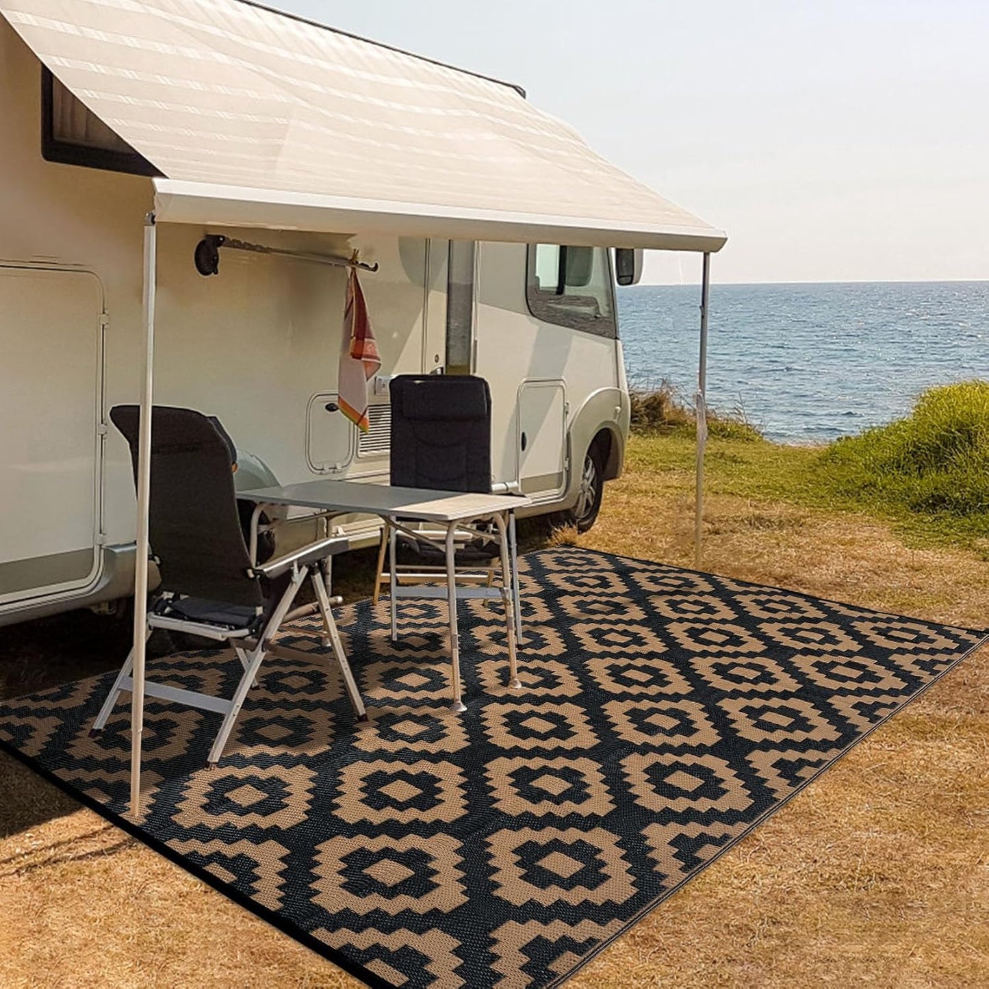 Garvee Outdoor Rug 10'x20' for Patios Clearance, Reversible Outdoor Plastic Straw Waterproof Camping Carpet, Large Area Rugs Patio Mats for Outside RV, Camper, Deck, Porch, Beach, Picnic (Black/Grey)
