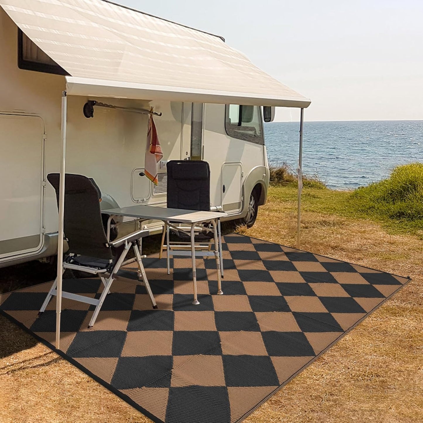 Garvee Outdoor Rug 10'x20' for Patios Clearance, Reversible Outdoor Plastic Straw Waterproof Camping Carpet, Large Area Rugs Patio Mats for Outside RV, Camper, Deck, Porch, Beach, Picnic (Black/Grey)