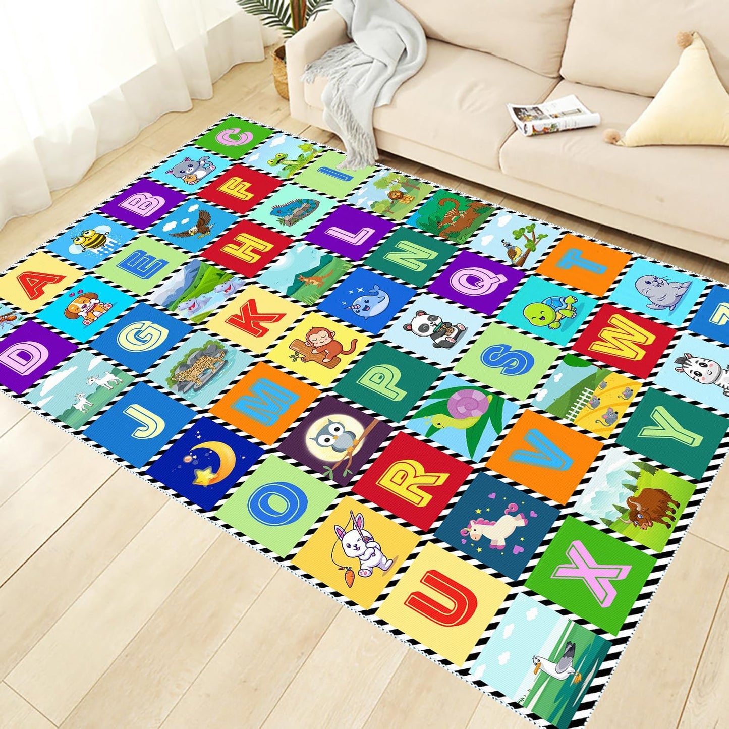 Kids Number Alphabet Game Rug - ABC Educational Area Rug - Fruit Animal Pattern for Kids Room Playroom Bedroom Kindergarten Nursery Soft Non-slip Machine Washable (Alphabet, 12' x 9' (Rectangular))