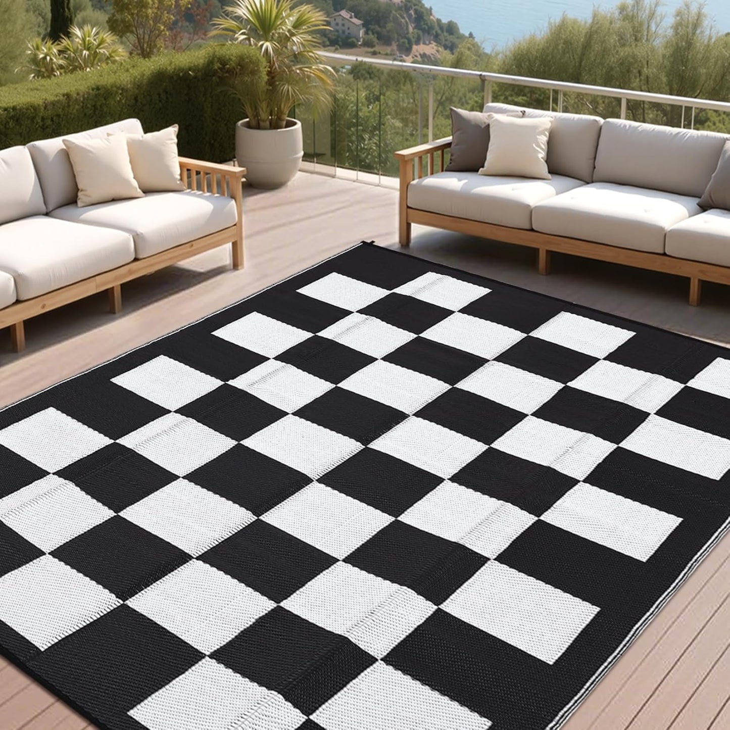 GarveeHome Large Outdoor Rug 9 x 18 Waterproof Modern Checkboard Plastic Straw Rug, Foldable Reversible Camping Mat, UV-Resistant Geometric Plaid Woven Carpet for Picnic, Deck, Black Gray