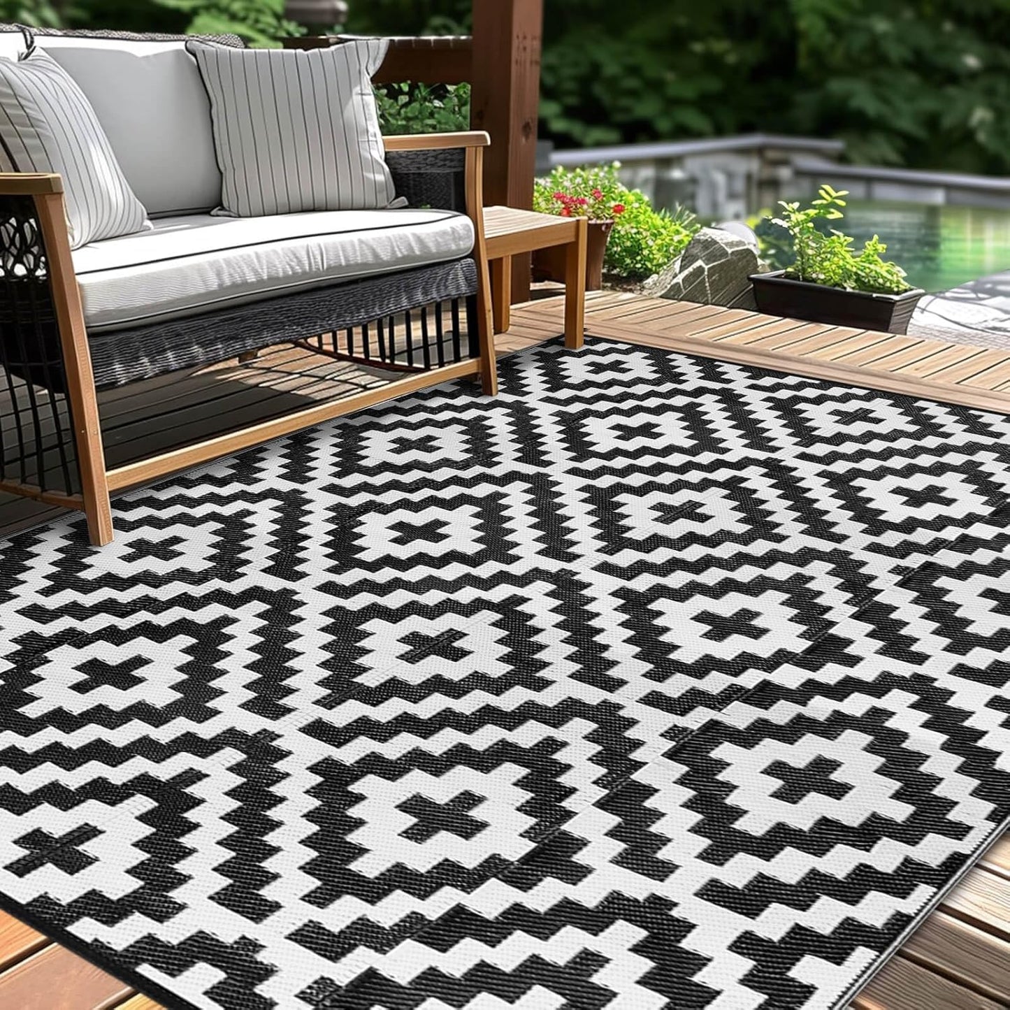 Outdoor Patio Plastic Straw Rug - 9x18 ft Outdoor Camping Rug Waterproof Reversible, Area Carpet Patios Clearance RV, Outside Porch Balcony Deck for Camper, Black & White