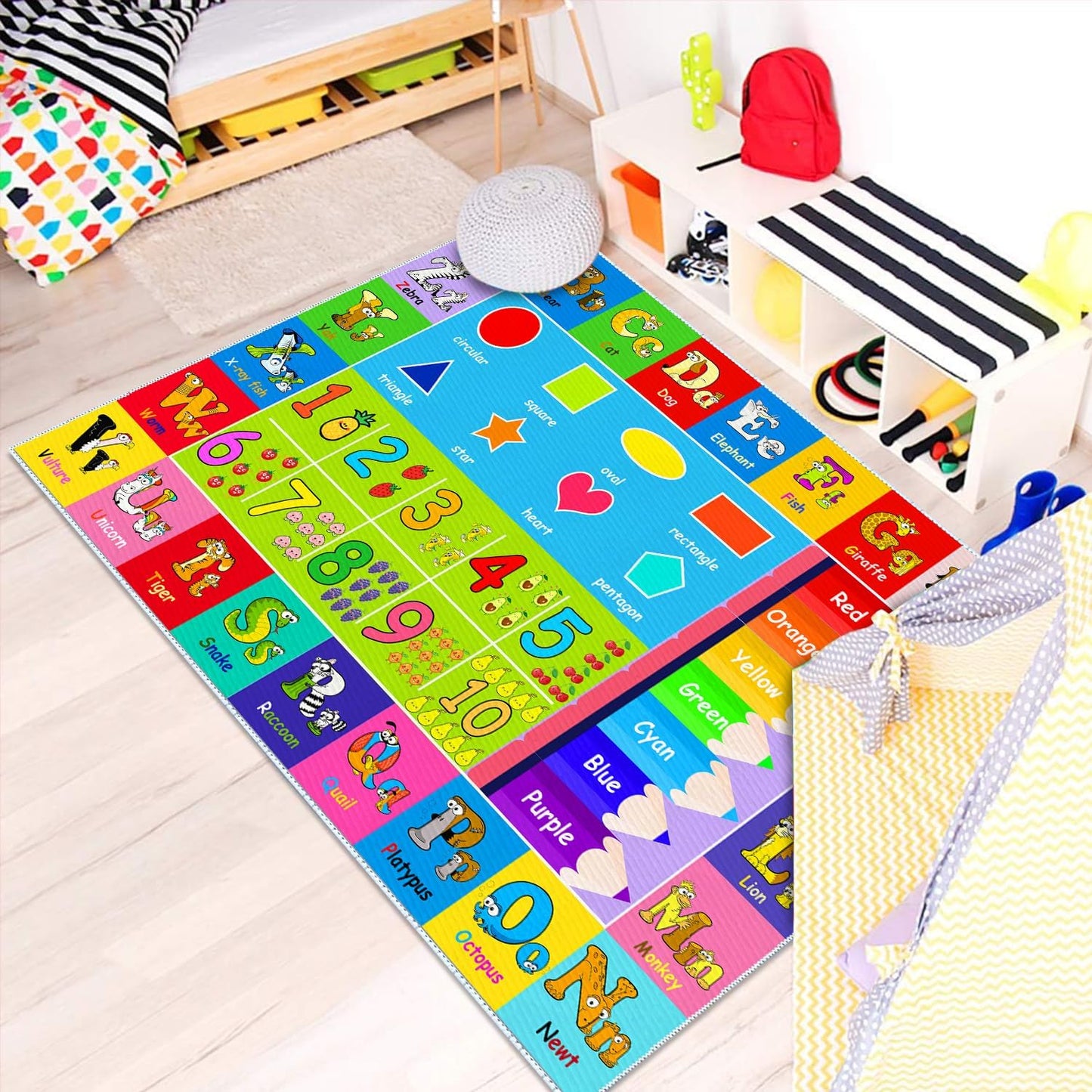 Kids Alphabet Play Game Rug - 7'x10' ABC Numbers and Shapes Educational Learning Toddler Carpet - Kids Room Playroom Classroom Kindergarten Activity Fun Soft Non-Slip Mat