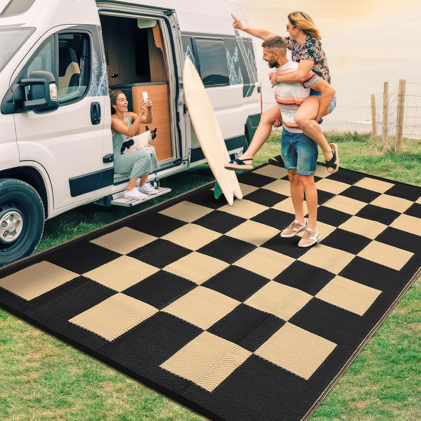 GarveeHome Large Outdoor Rug 9 x 18 Waterproof Modern Checkboard Plastic Straw Rug, Foldable Reversible Camping Mat, UV-Resistant Geometric Plaid Woven Carpet for Picnic, Deck, Black Gray